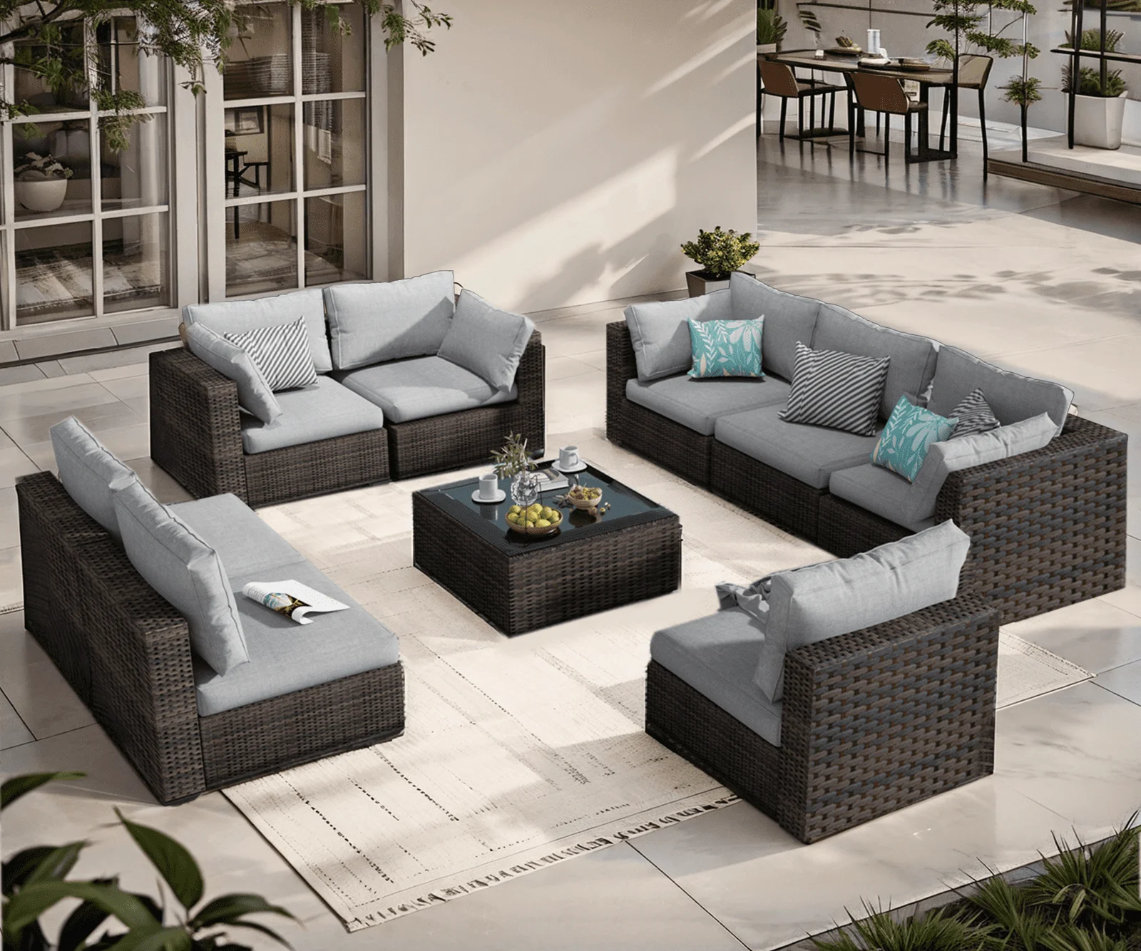 Grezone 9 Pieces Outdoor Patio Furniture, PE Wicker Rattan Sectional Sofa Patio Conversation Sets