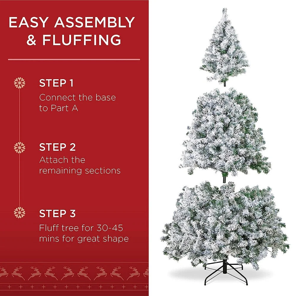Roamrider 7.5ft Snow Flocked Christmas Tree Pre-Lit White Artificial Hinged Bushy Spruce