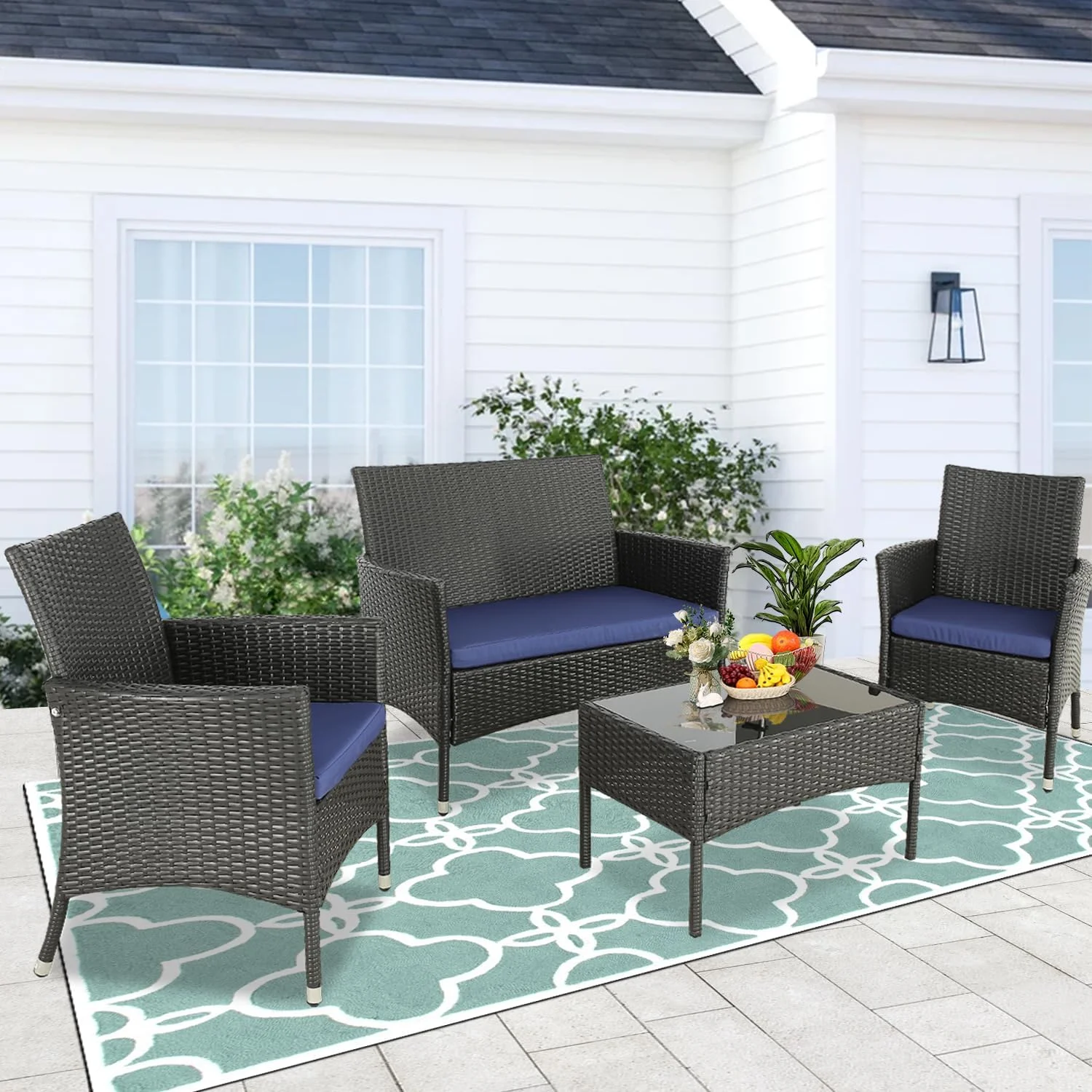 4 Pieces Patio Furniture Sets Outdoor Sectional Wicker Set Outdoor Conversation Set Patio Set Patio Loveseats with Coffee Table Porch, Poolside, Terrace, and Yard (Expresso-Dark Blue, Set of 4)