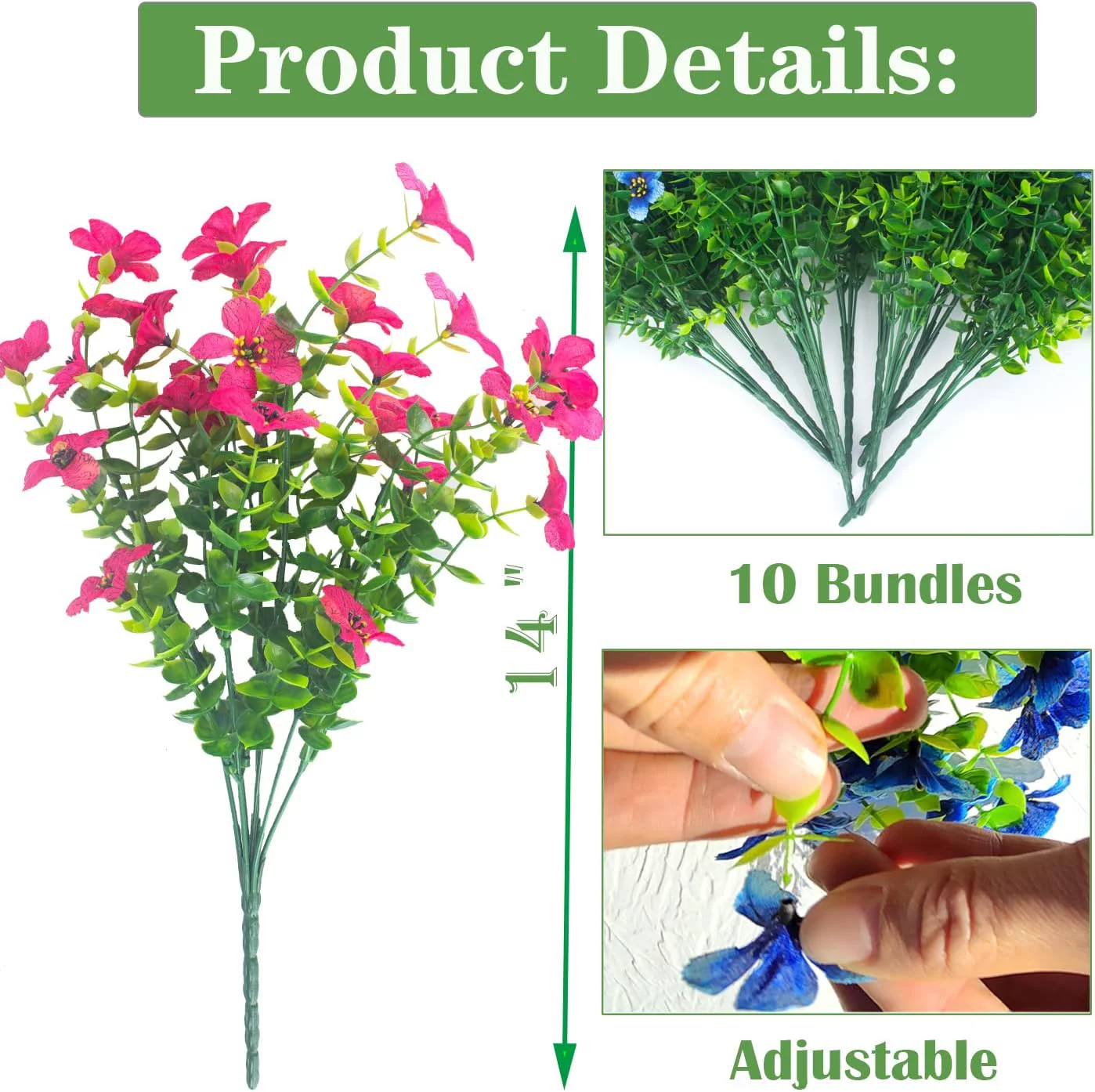 10 Bundles Artificial Flowers UV Resistant Outdoor Plants No Fade Faux Plastic Shrubs Fake Silk Flowers Window Box Garden Porch Home Decoration(Rose)