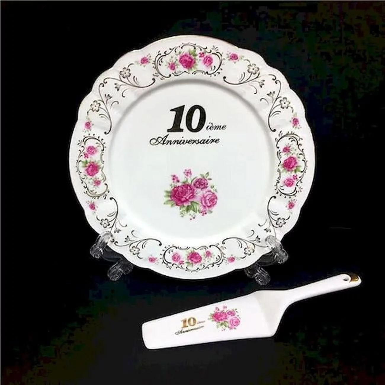 Mr. MJs HO-CK7001-10F 10Ieme Anniversaire Pink Flowers Cake Server & Cake Plate