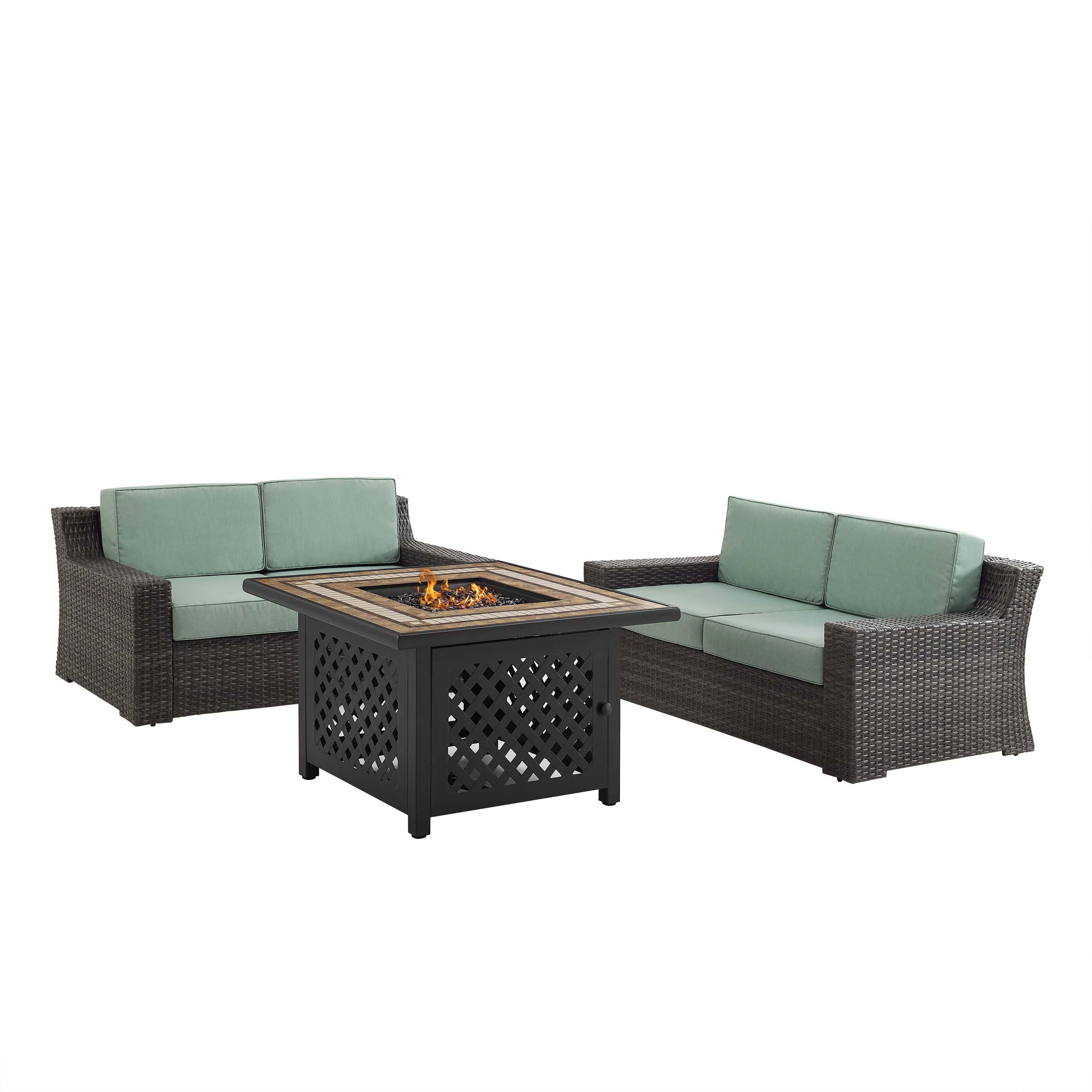 Crosley Beaufort 3 Piece Outdoor Wicker Conversation Set with Fire Table in Mist
