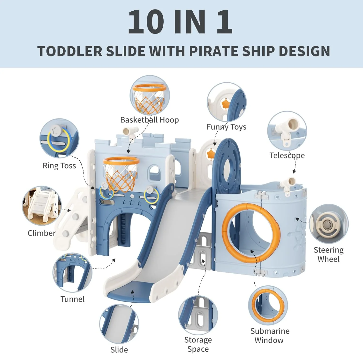 10 in 1 Toddler Slide, Wanan Pirate Ship Kids Slide for Toddlers Aged 1+, Toddler Play Climber Slide Playset with Telescope Basketball Hoop and Ball, Indoor Outdoor Playground