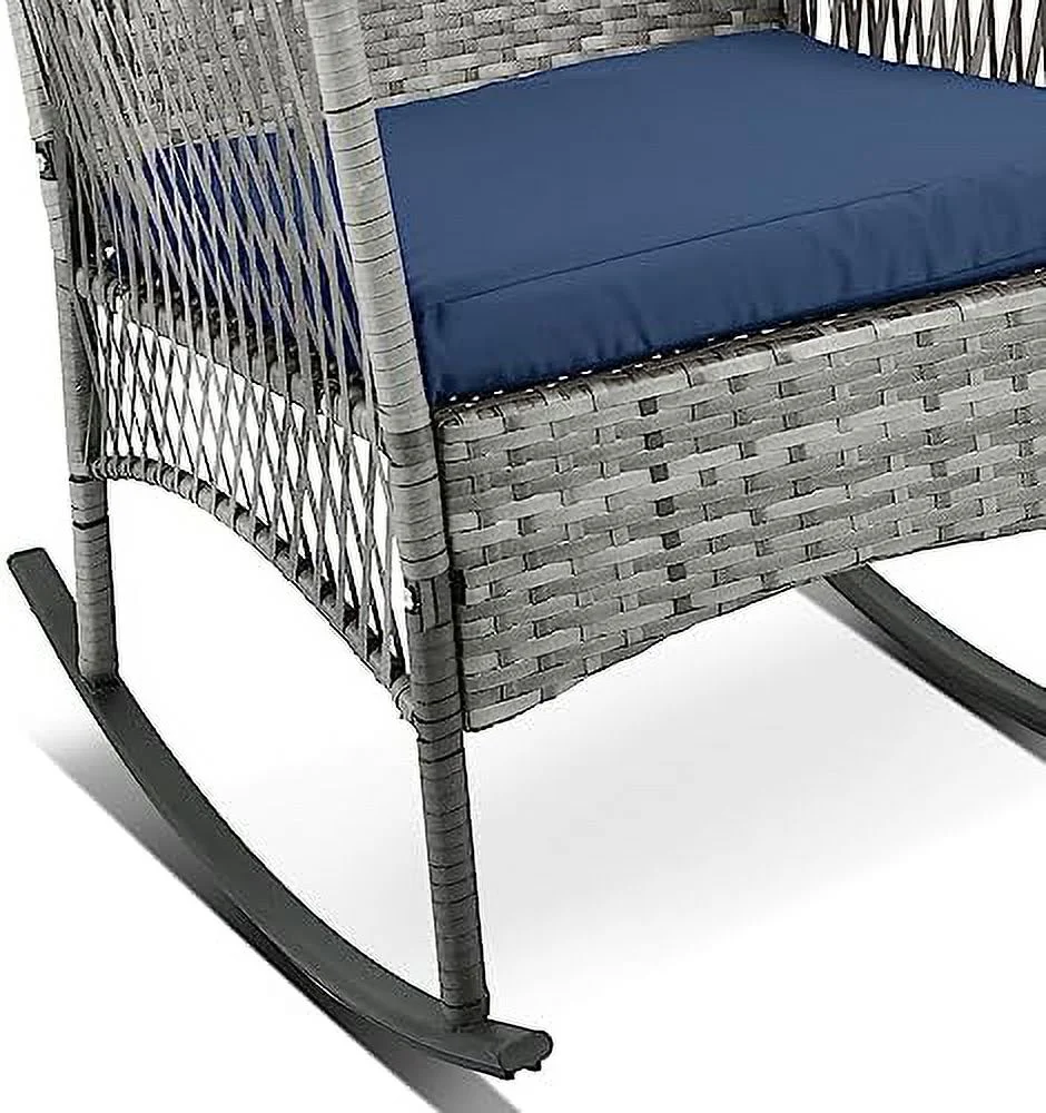 GFVCNIO 3 Piece Patio Conversation Set  Outdoor Rocking Chairs   Wicker  Set with Glass Top Coffee Table and Cushions for Porch Garden Backyard Lawn (Grey Rattan  Blue Cushion)