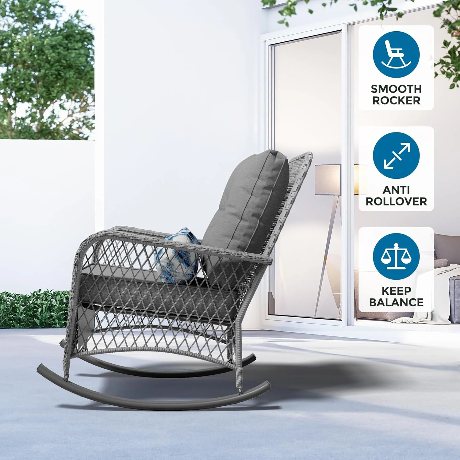 UDPATIO 3 Piece Patio Set Rocking, Rattan Outdoor Rocking Patio Bistro Set with 2 Rockers and 1 Side Table with 4‘’ Thick Cushions for Backyard, Porch, Balcony, Poolside(Grey)