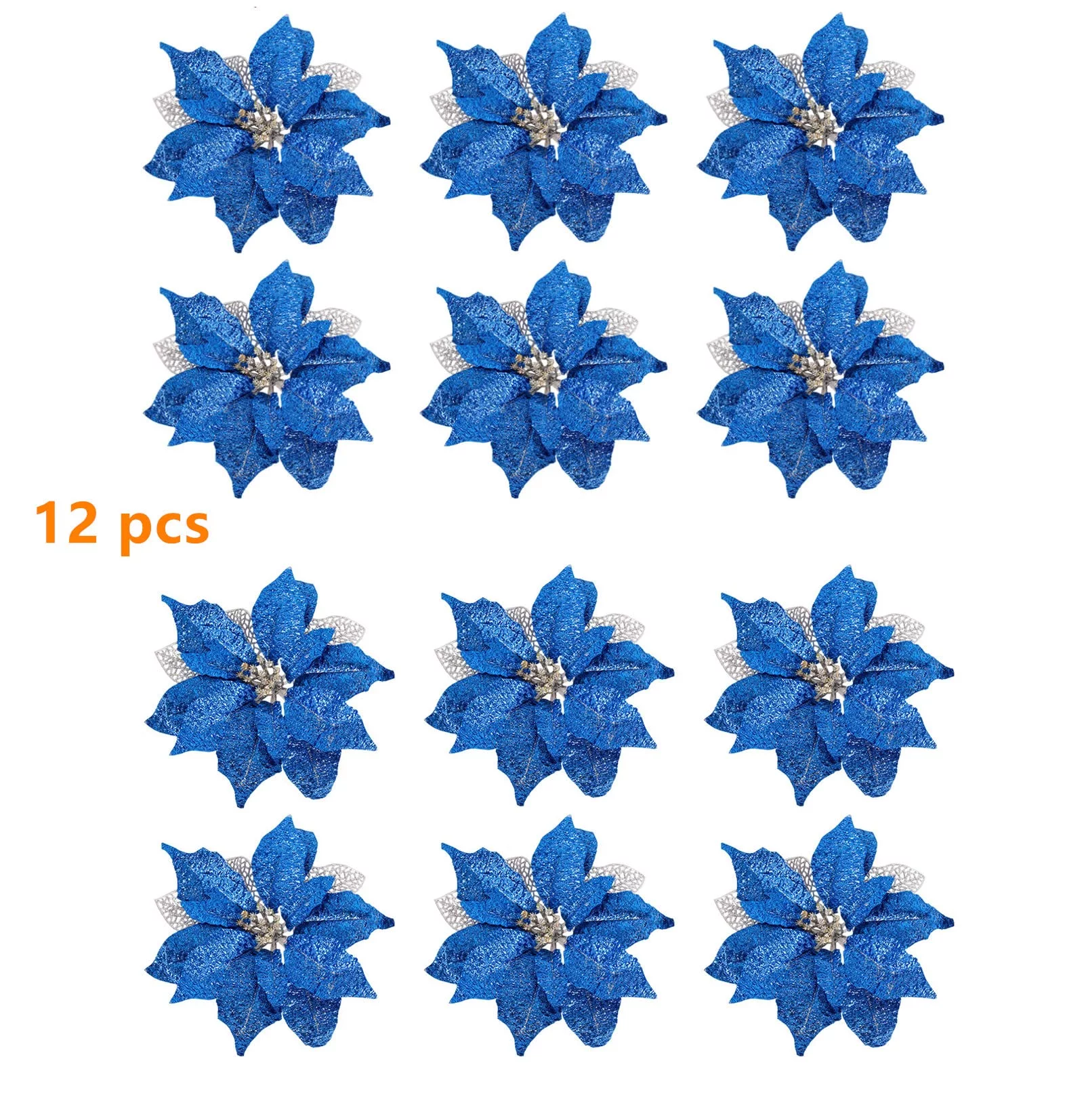 Pack of 12 Large Glitter Poinsettia Christmas Tree Ornaments Wedding Artificial Flowers Decorations  (Blue)