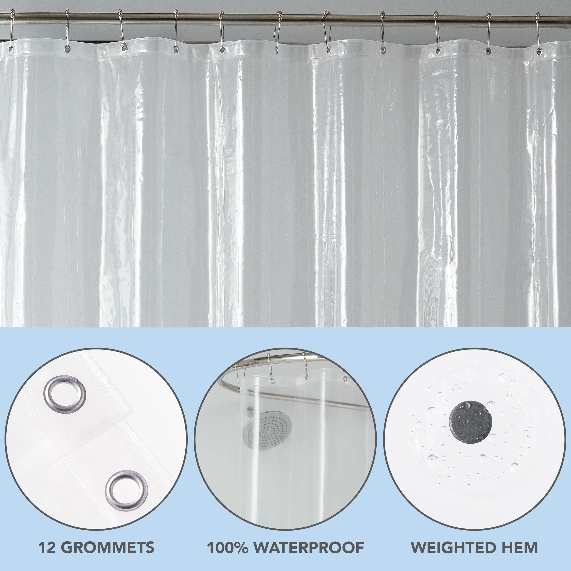 Host & Home Heavy Duty Shower Curtain Liner 2-Pack, Waterproof, 72” x 72”, Clear 8 Gauge PEVA Shower Liner