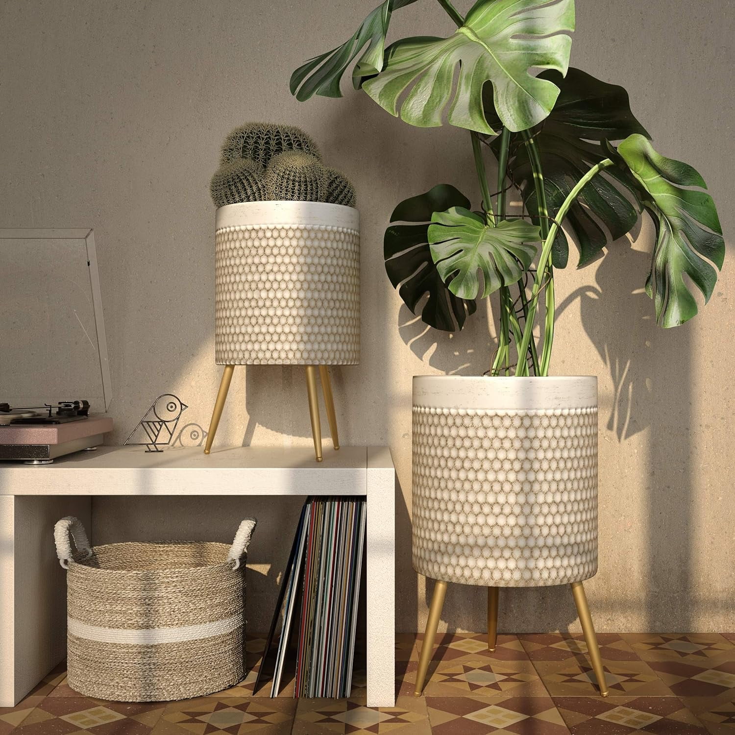 Modern Planters (Set of 2) Gold  Mid-Century Round Metal