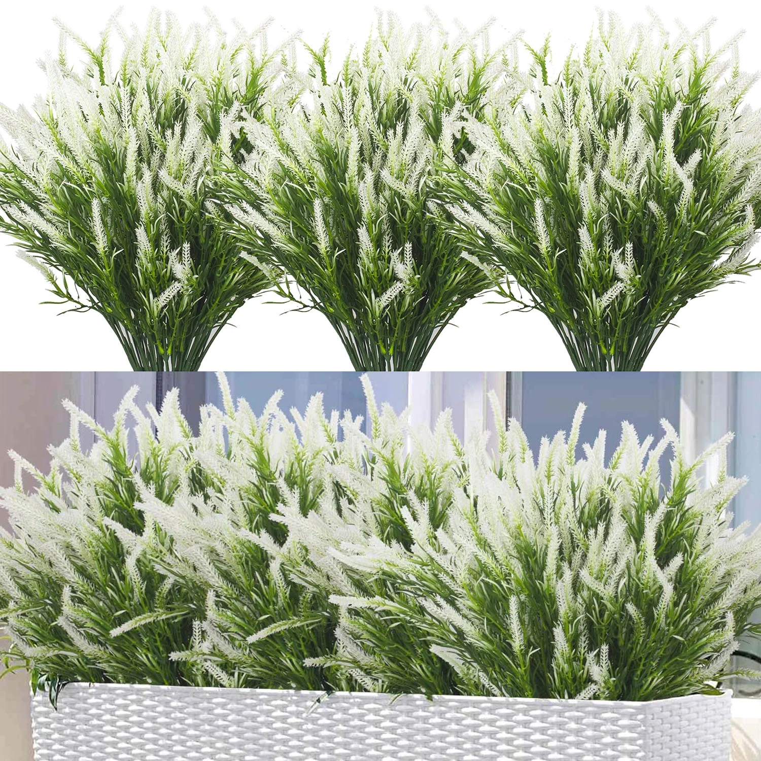 6 Bundles Artificial Lavender Flowers Faux Plants Fake Flowers Outdoor UV Resistant No Fade Garden Porch Window Box Decor(White)