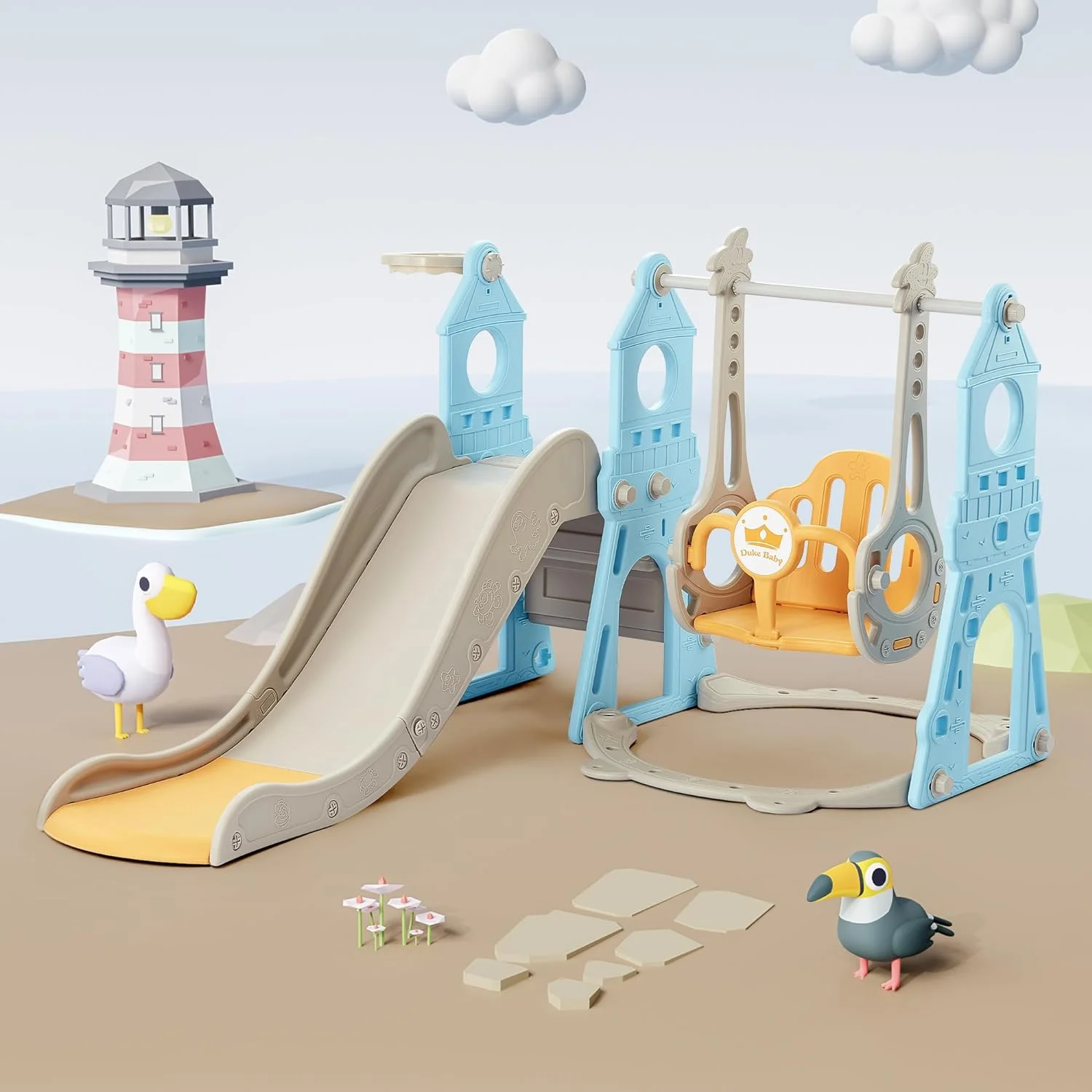 4-in-1 Kids Slide and Swing Set - for Toddlers 1-6 Years - Extra-Large Indoor and Outdoor Playground - Includes Slide, Swing, Basketball Hoop, and Climber –Castle Collection Blue and Yellow