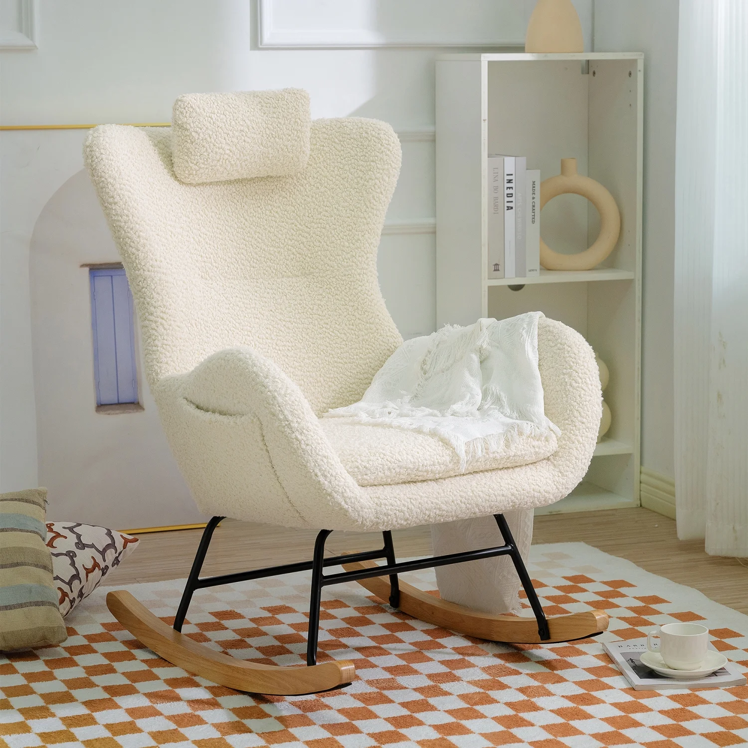 Beige Comfy Rocking Chair for Nursery  Bedroom  Living Room  and Offices - Teddy Upholstered High Backrest Rocker Glider Chair with Adjustable Headrest & Pocket - Made of Rubber Wood