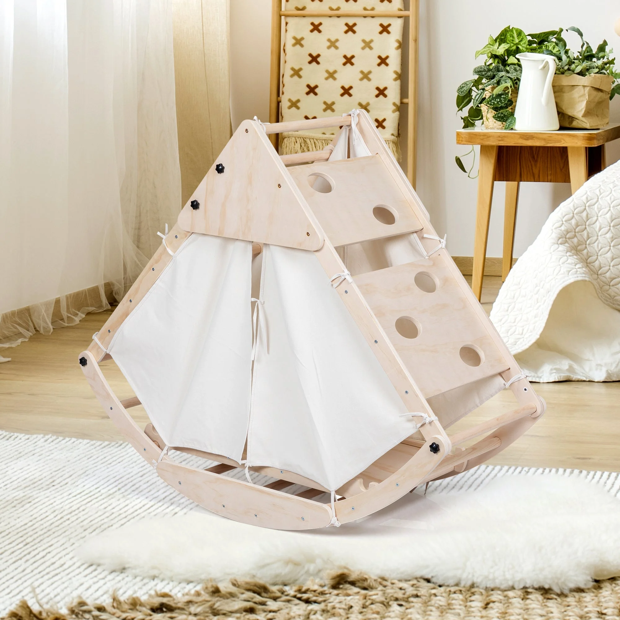 4-In-1 Pikler Triangle Gym Set with Sliding Ramp, Arch Climber, Rocker, Toddler Playground