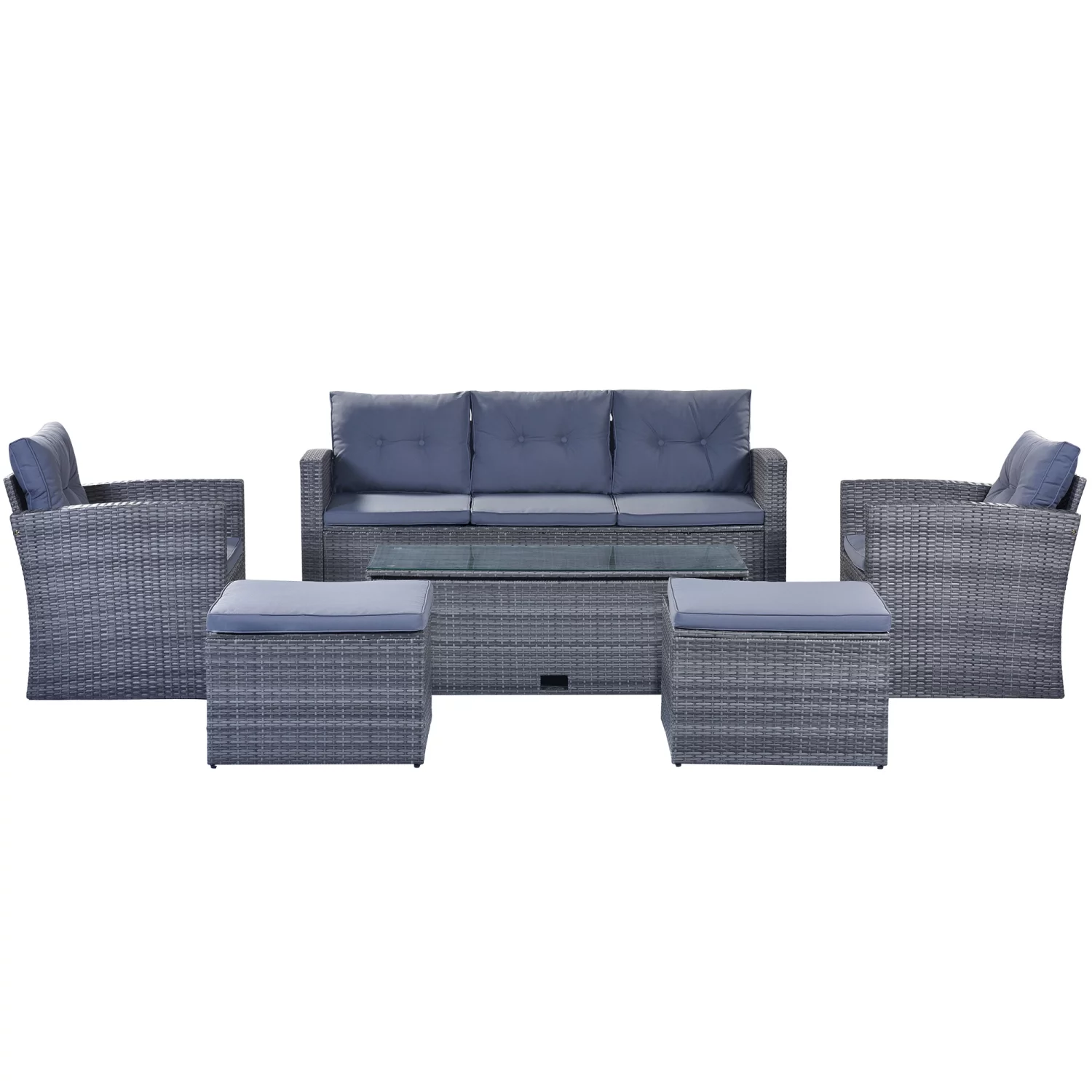 Elegant All-Weather 6-piece Dark Grey Wicker Patio Outdoor Dining Conversation Sectional Set - Luxuriously Comfortable Light Grey Cushions - Complete with Coffee Table  Wicker Sofas  Otto