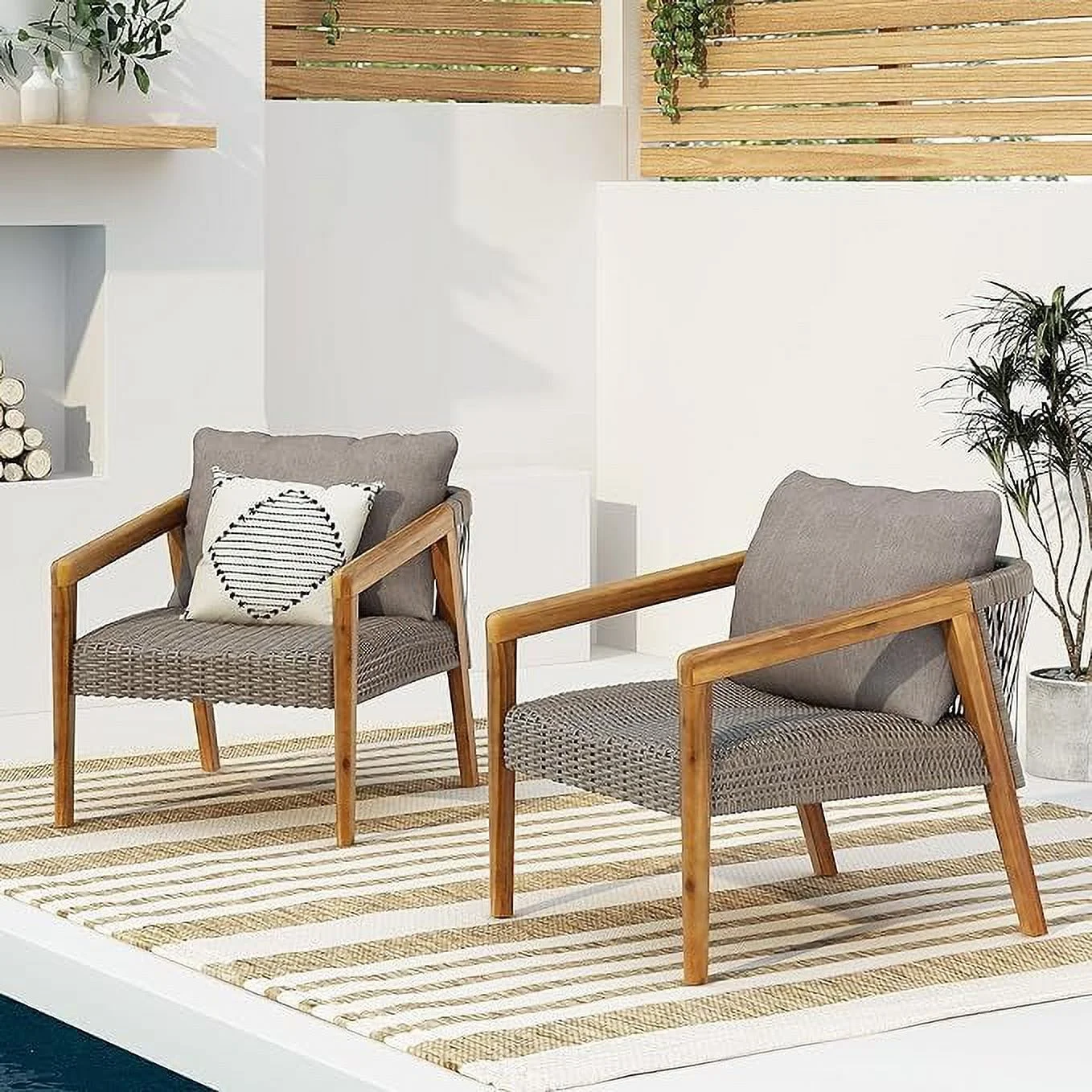 Ultimate Relaxation in Style and Luxury: Elegant Teak and Gray Set of 2 Outdoor Acacia Wood Club Chairs with Plush  Comfortable Cushions for Lounging under the Sun and Stars - Perfect for