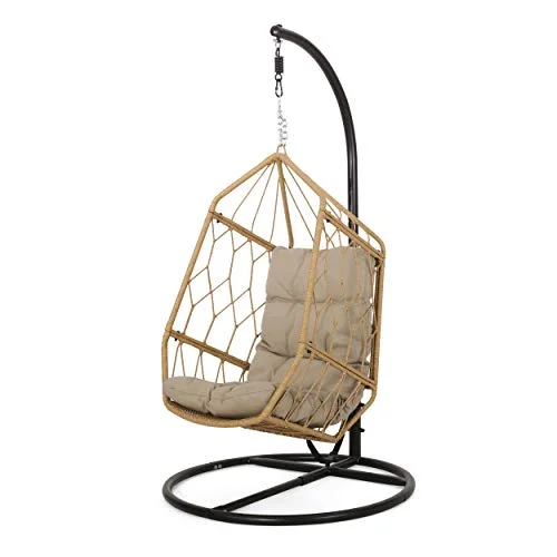 Christopher Knight Home 314294 Allegra Outdoor Hanging Chair with Stand, Light Brown + Tan + Black