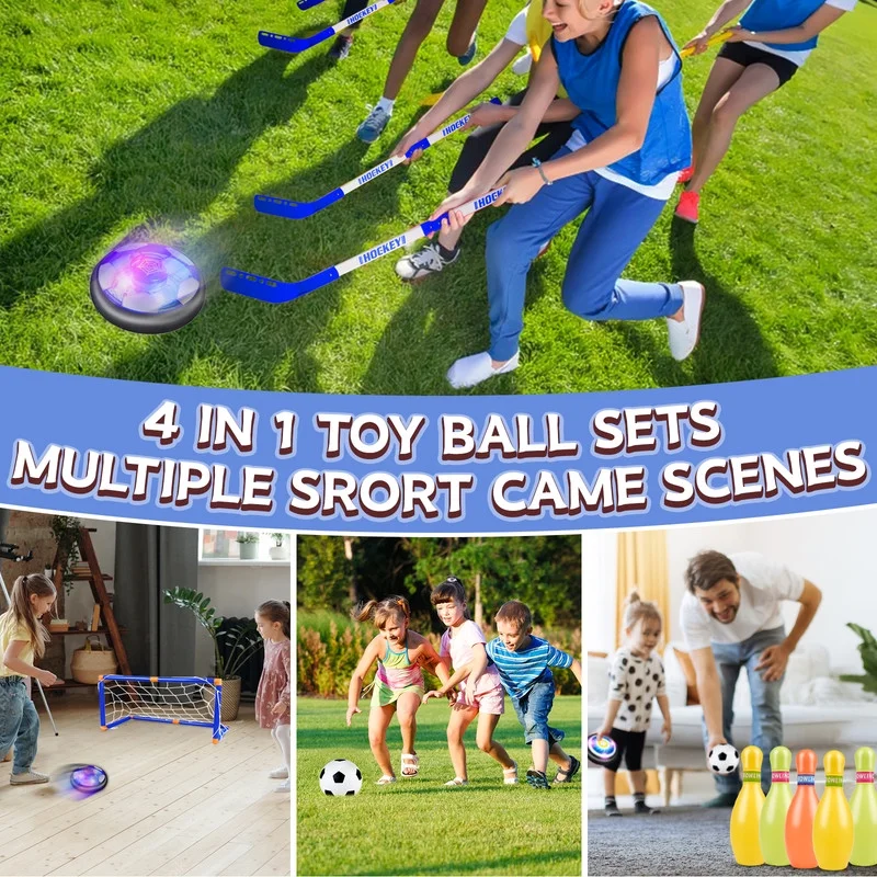 3 in 1 Led Lighted Levitation Soccer Hockey Bowling Set, Levitation Soccer Set, Levitation Soccer Set with 2 Goals, Rechargeable Indoor/Outdoor Children's Play Toys for Kids, No Age Limit, Boys Girls