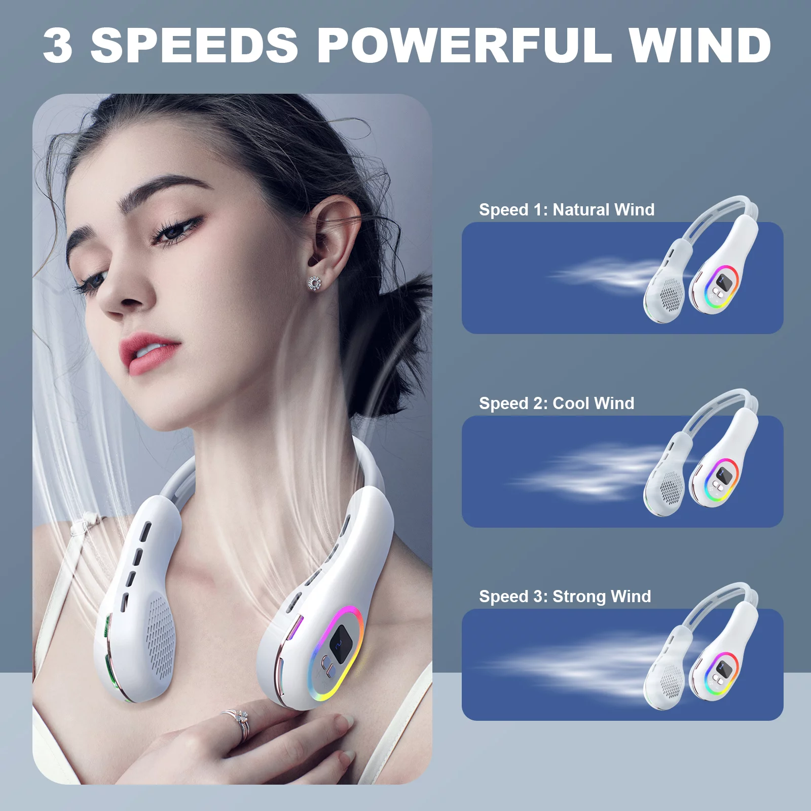 Portable Neck Fan, Lychee Hands Free Wearable Personal Fan, 3600mAh Battery Powered USB Rechargeable Bladeless Cooling Fan with 3 Speeds for Sports, Travel, Outdoor, Home, Office