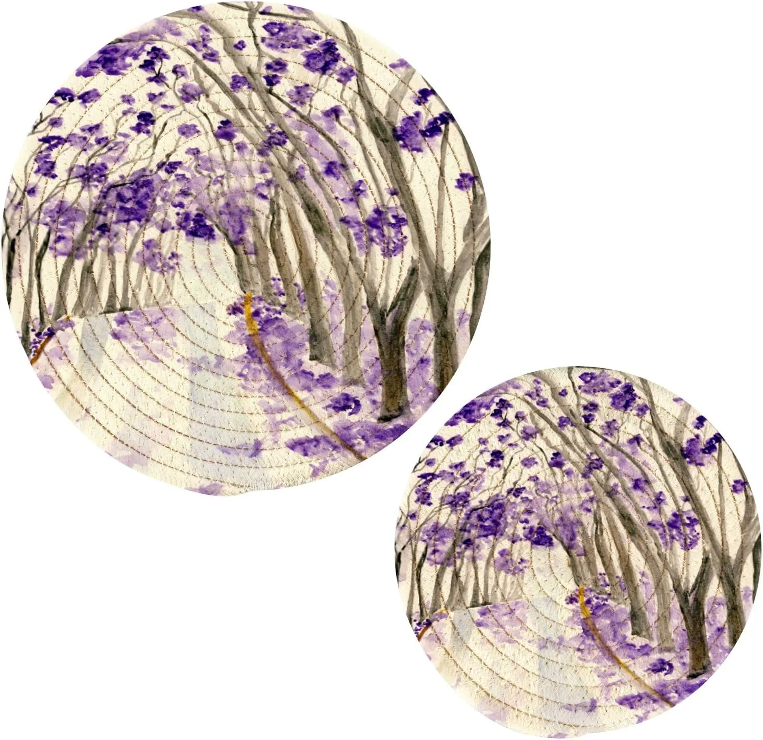 SKYSONIC Tree Purple Flowers Pot Holders Trivets, 2 Pcs Heat Resistant Trivets,Watercolor Summer Cotton Thread Weave Mats for Hot Pads Pans Pot Bowl Teapot for Kitchen Decor