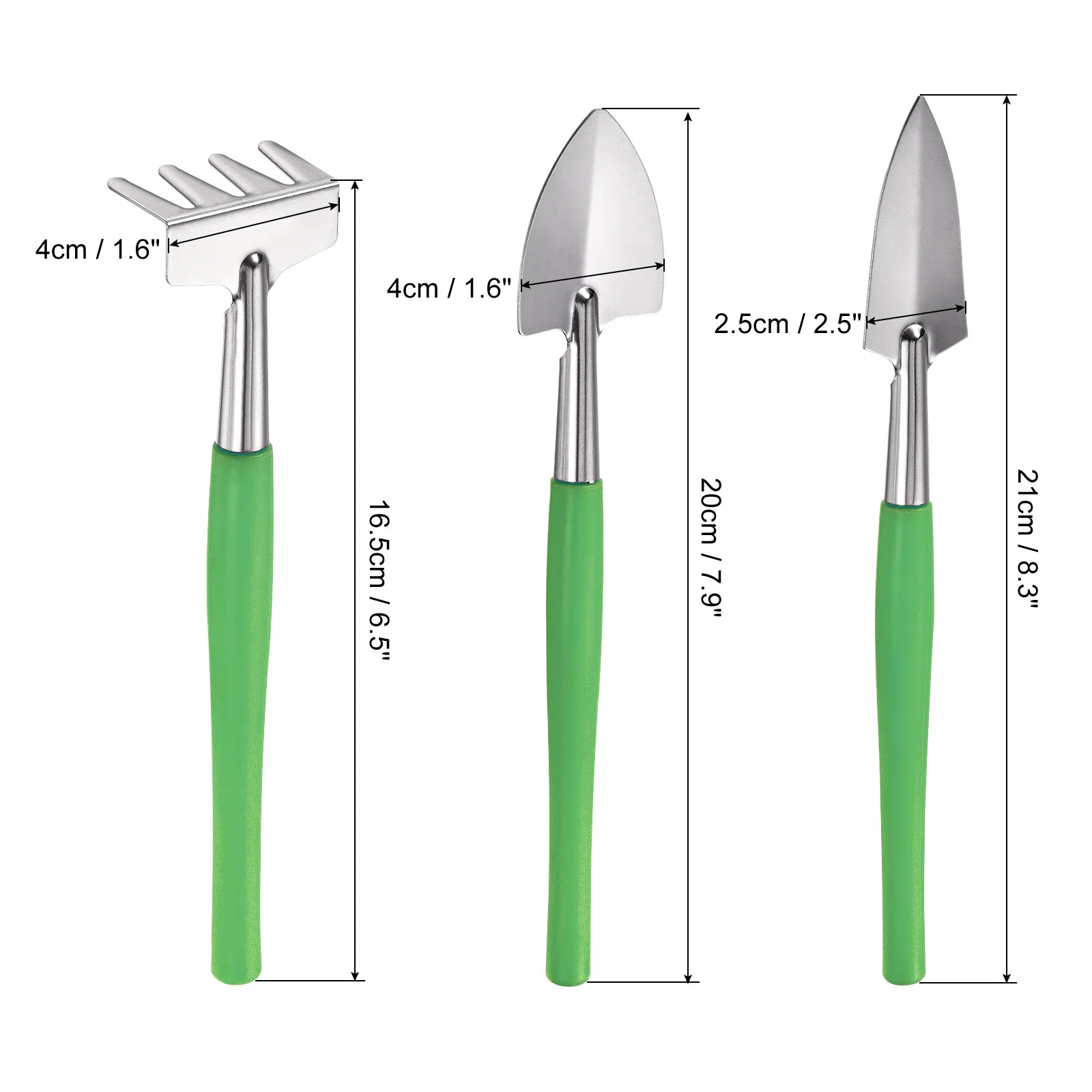 Uxcell Gardening Tools Iron Spade Rake Transplanting Digging Kits, Green 3 Pack