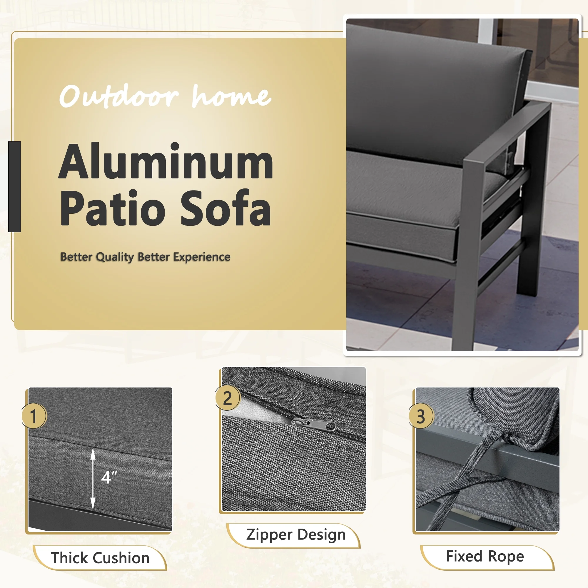 Patio Furniture Aluminum Sofa, All Weather Aluminum Outdoor 3 Seats Sofa Couch, Gray