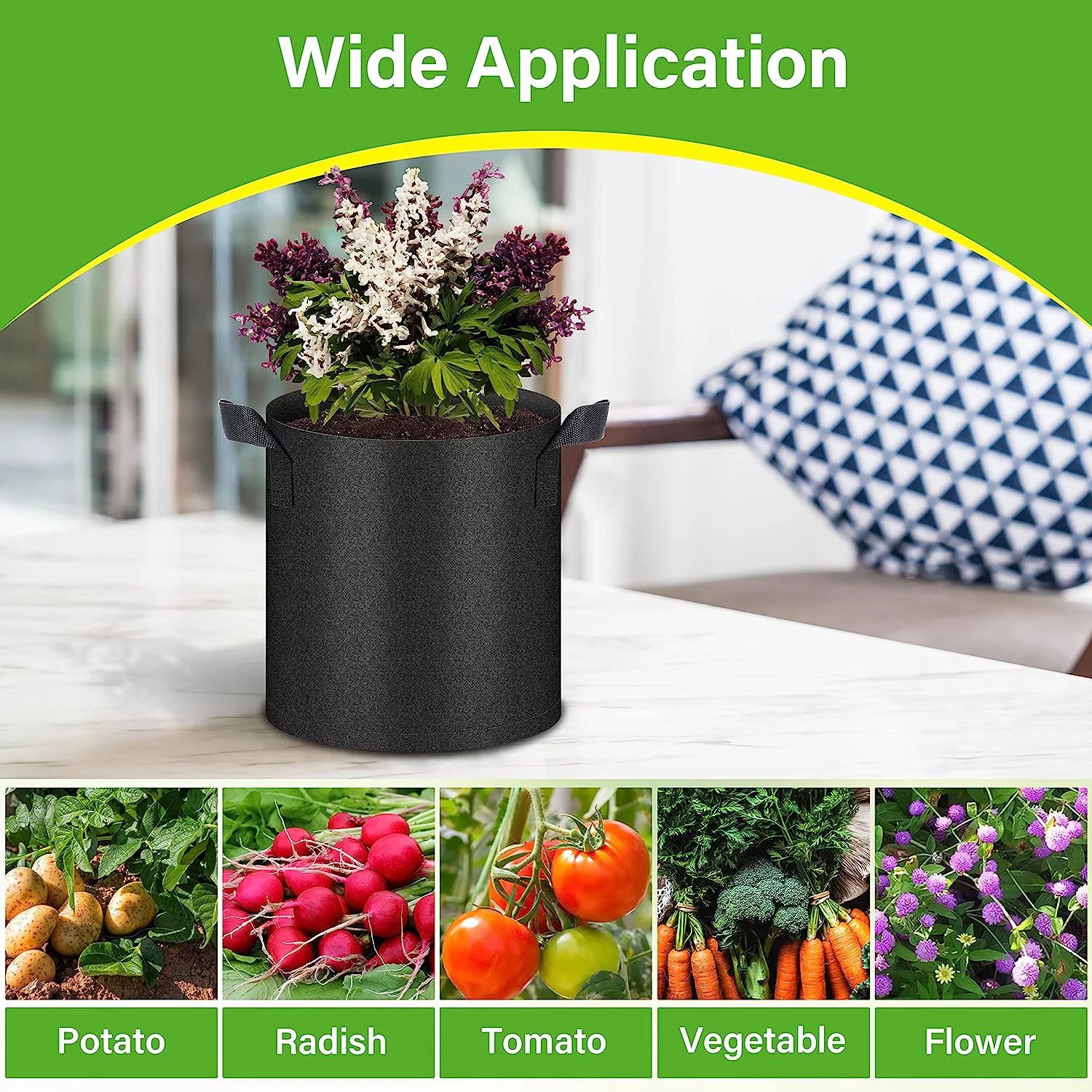 HealSmart 6-Pack 2 Gallon Nonwoven Grow Bags Plant Fabric Pots -Black