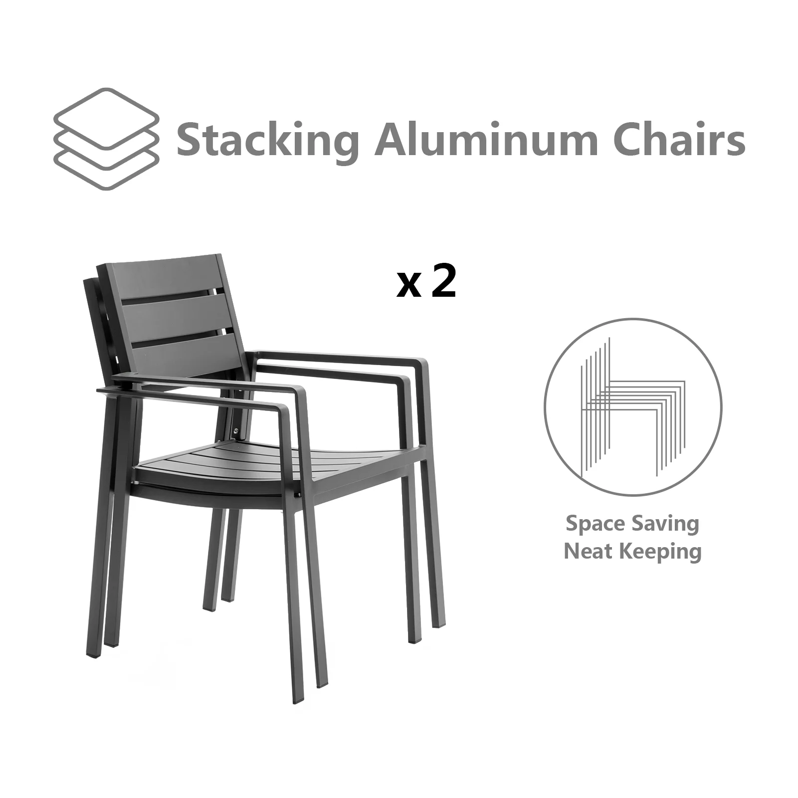 Patio Dining Chairs Set of 2 Stackable Dining Chair Aluminum Outdoor Armchairs with Wide Seat,Grey
