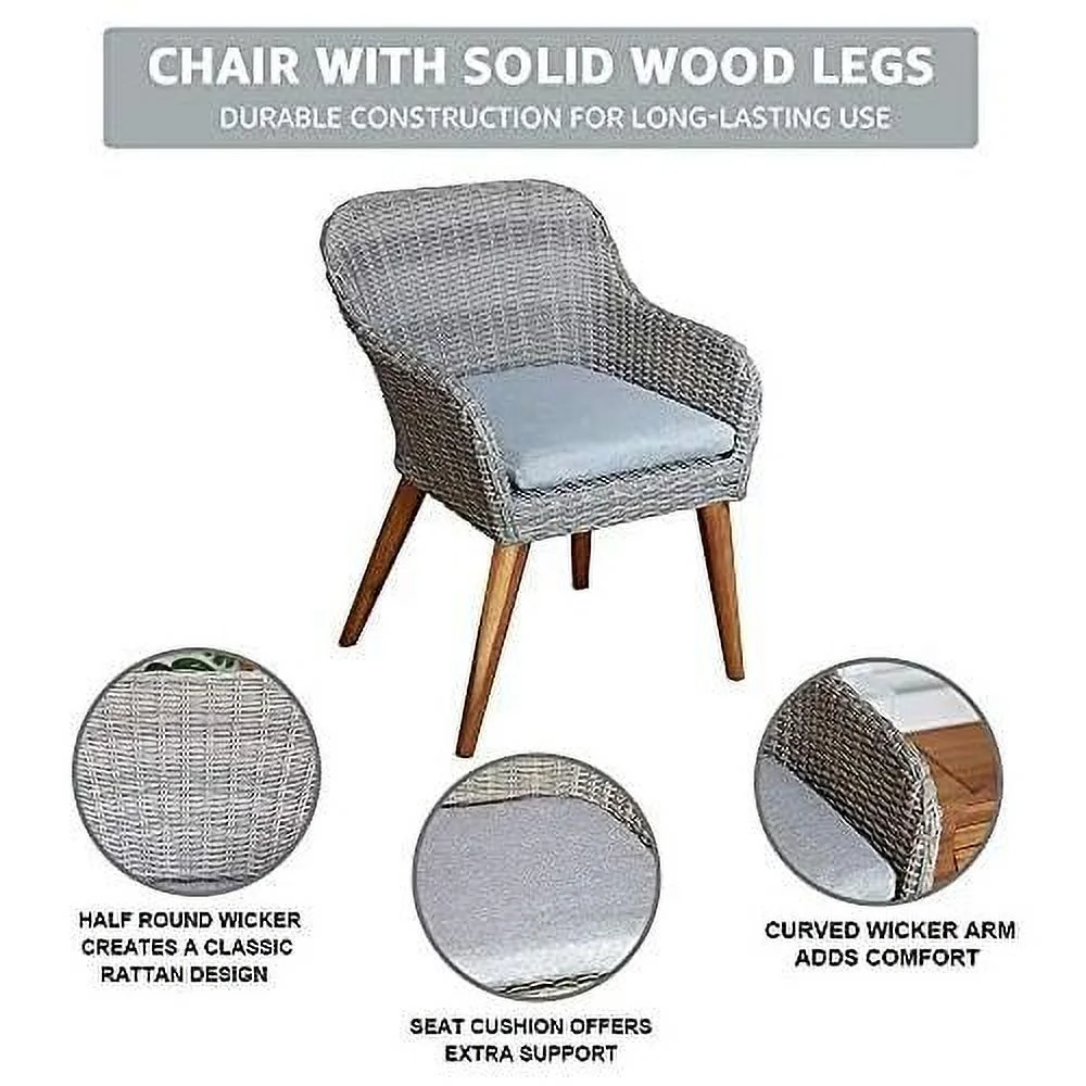 Outdoor 3-Piece Bistro Set With Seat Cushion, Two Chairs And Wood Top Side Table, Gray Wicker With Wood Leg