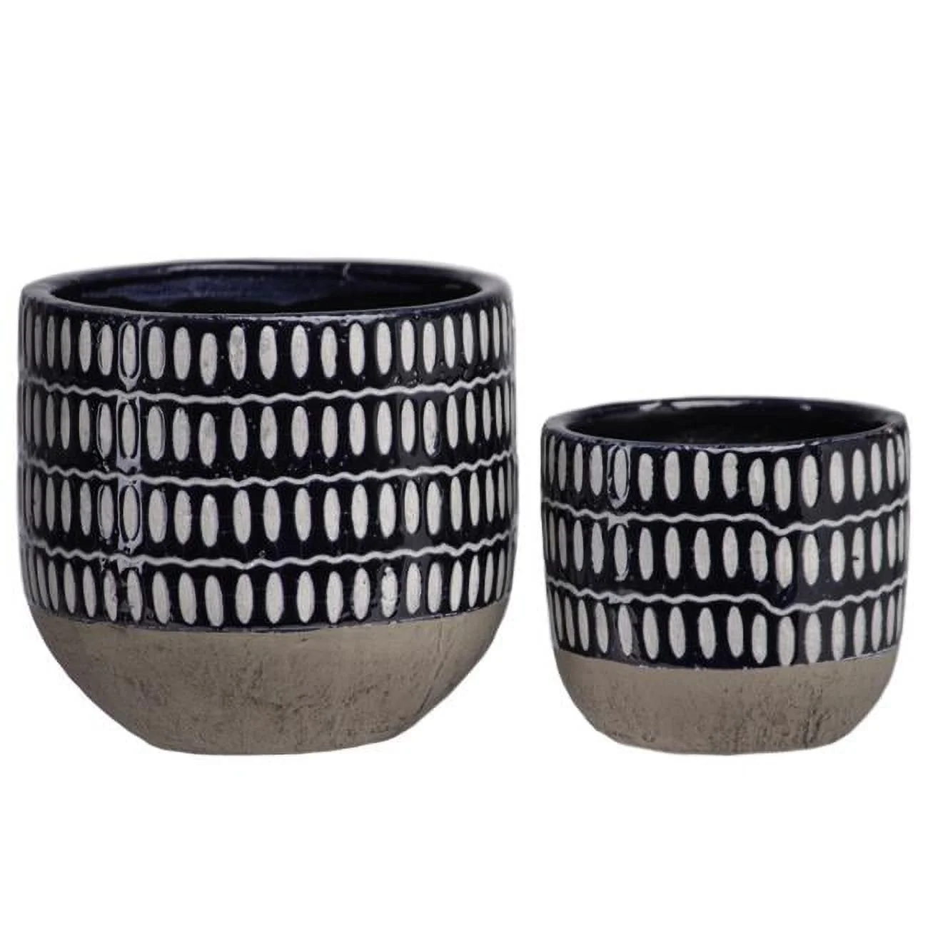 Terracotta Round Pot with Oval Pattern Body & Banded Tapered Bottom, Grey - Set of 2