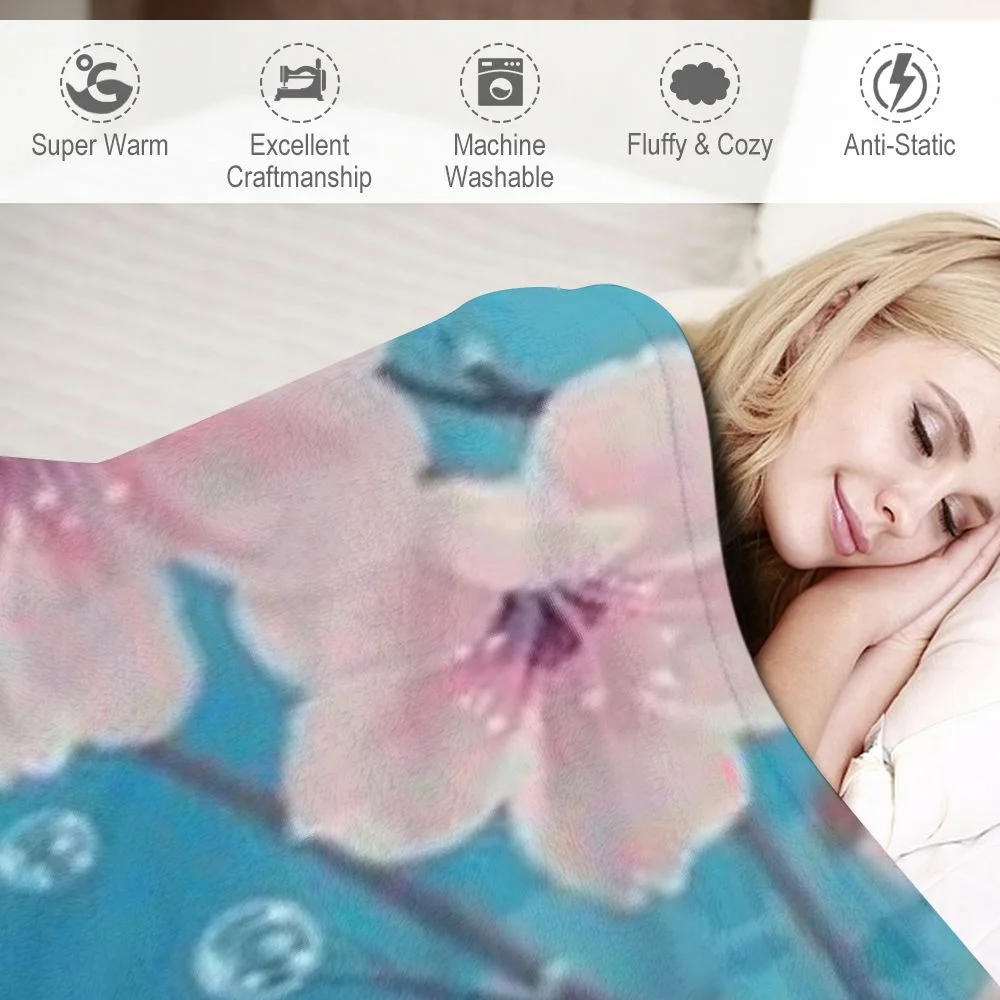 QCPP Cherry Blossoms Pink Flowers Plum Branch Soft Plush Blankets White