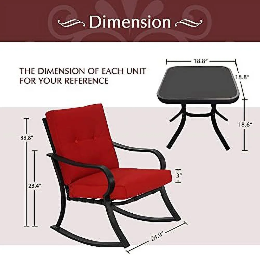 STVBG Outdoor 3-Piece Rocking Chairs Patio  Black Steel  with Thickened Cushion and Glass-Top Coffee Table  Grey
