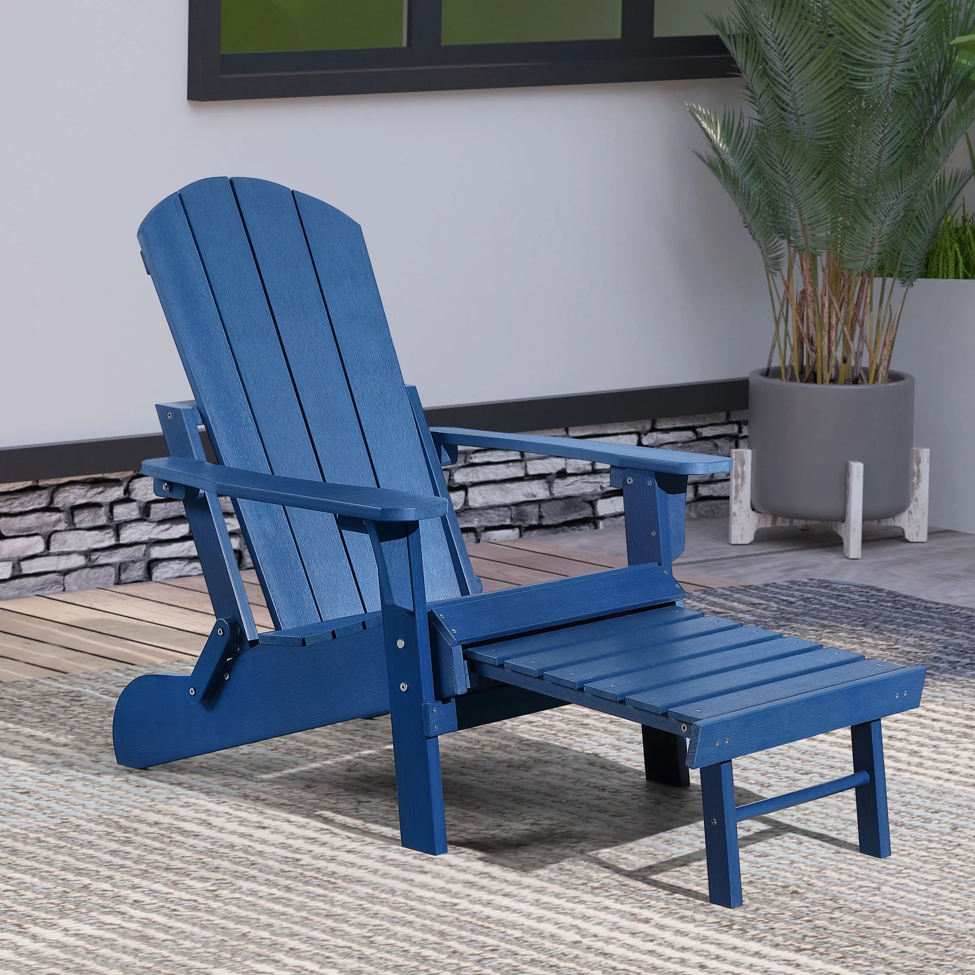 Hurley Stanton Drew Plastic/Resin Folding Adirondack Chair with Ottoman (Navy Blue)