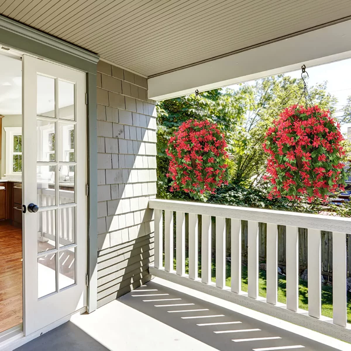 Artificial Hanging Flowers for Outdoors Spring Summer Decoration,Fake Silk Violet in 12inch Coconut Lining Hanging Basket Faux Plants UV Resistant for Home Patio Garden Decor(Red)