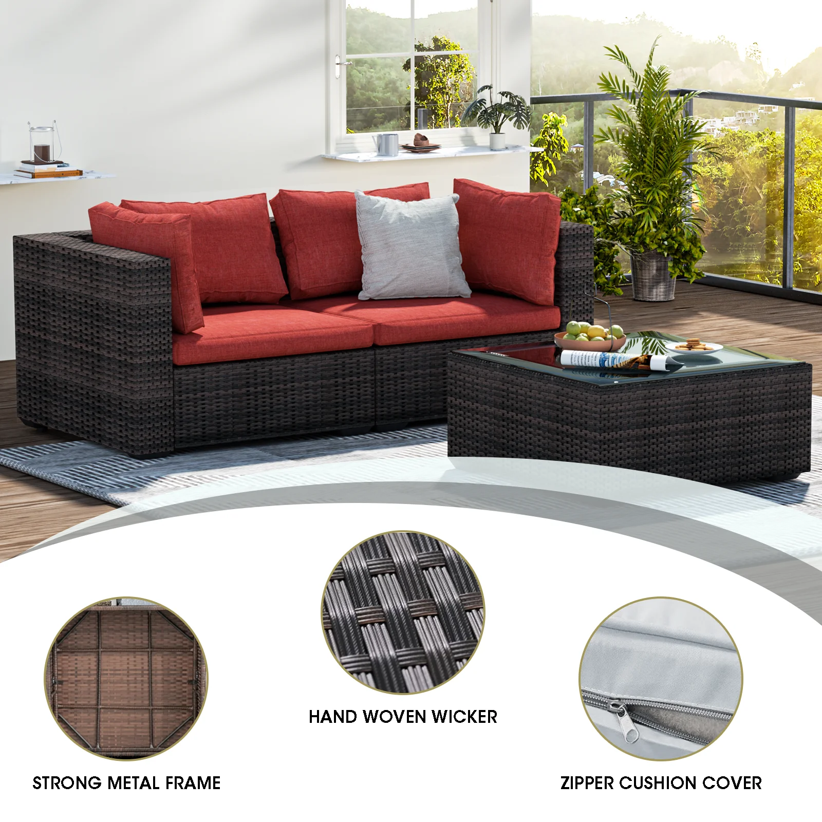 Grezone 3 Pieces Patio Furniture Set, All Weather Outdoor Sectional PE Rattan, Patio Conversation Sets with Cushions and Glass Coffee Table for Garden Lawn Balcony Porch Deck, Red