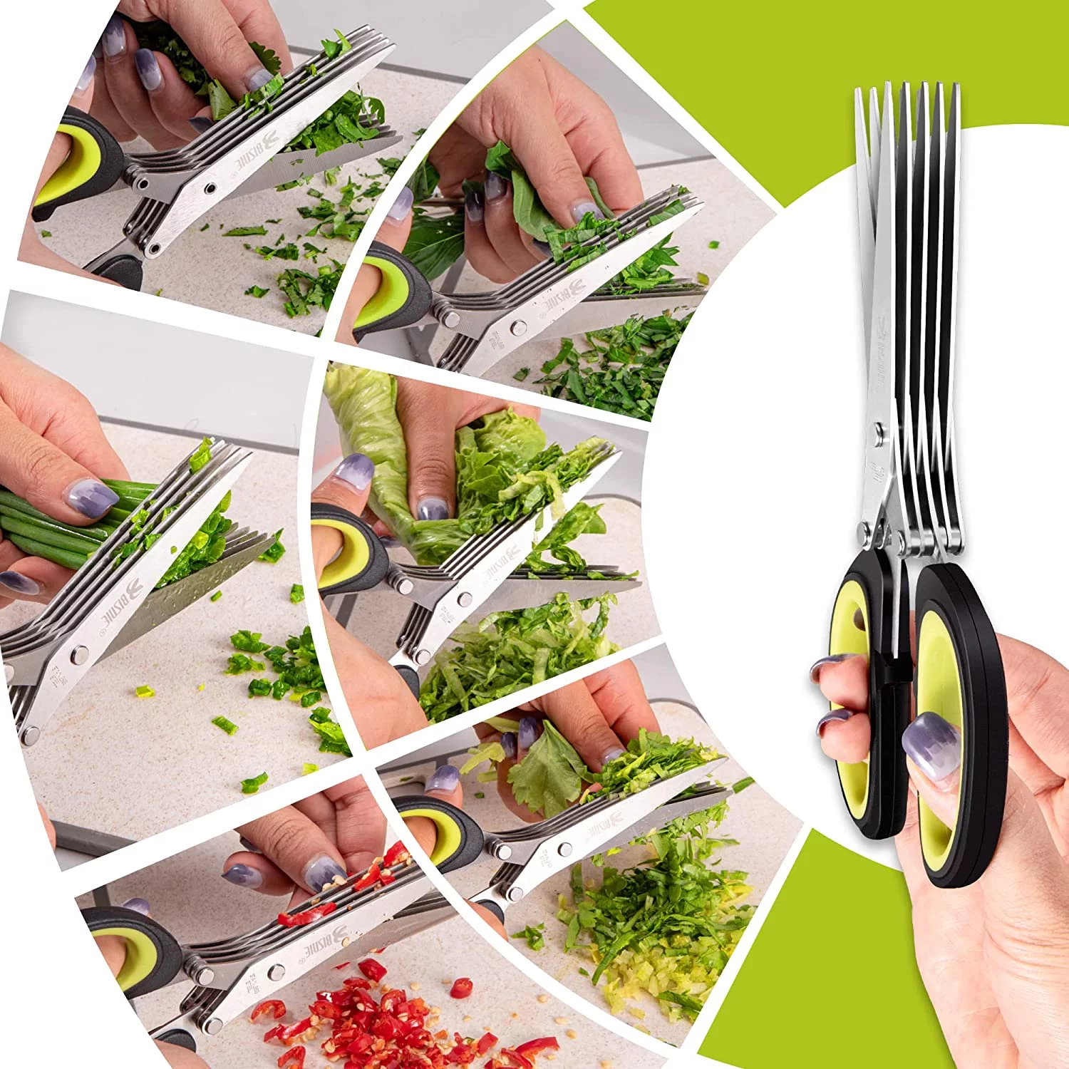BISNIE Herb Scissors Set,Multipurpose Stainless Steel 5 Blade Kitchen Salad Scissors with Safety Cover and Cleaning Comb,Kitchen Scissors for Chopping Herbs and Papers(Black-Green)