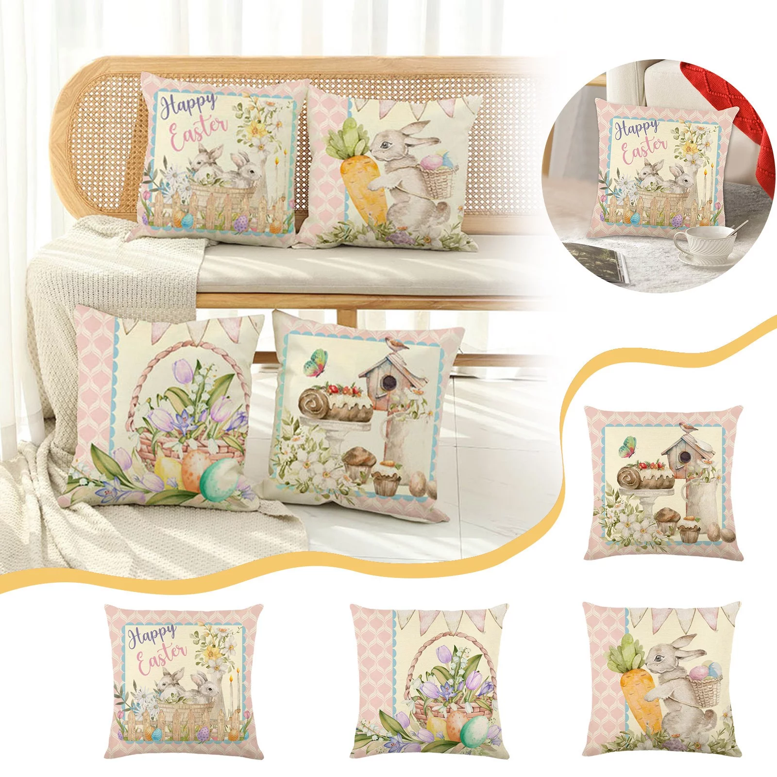 SIfdSeng Rabbit Throw Pillow Covers 18 X 18 Inch Easter Bunny Egg Happy Easter Pillowcases Decorative Cotton Linen Cushion Covers for Sofa Couch Chair Bed Cushion Cover Cushion Cover 100