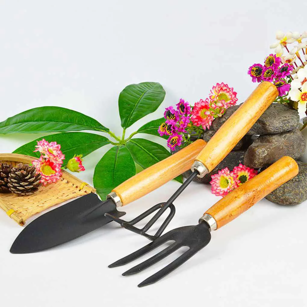 3pcs Garden Hand Tool Kit Plant Gardening Spade Rake Set Wood Han NE
