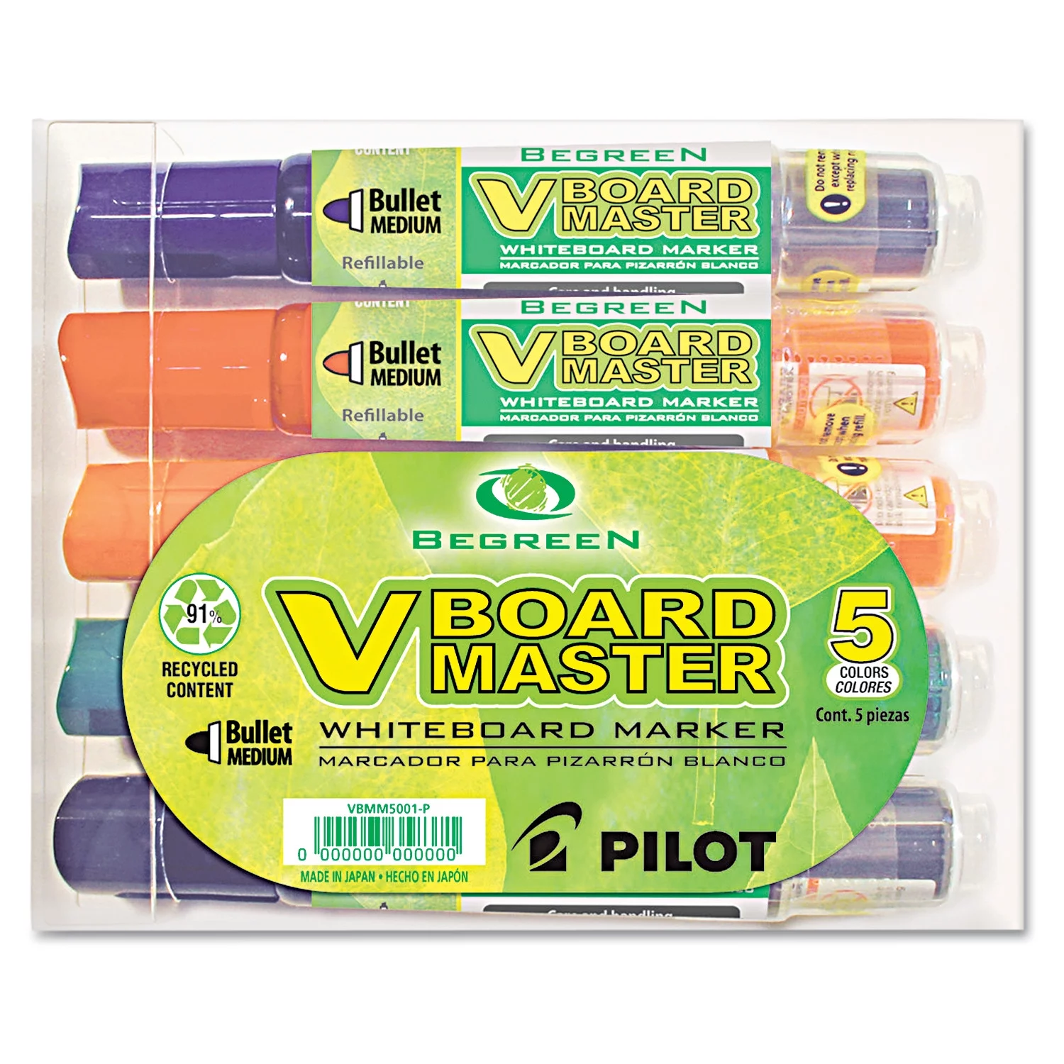 Pilot BeGreen V Board Master Dry Erase Marker, Medium Chisel Tip, Asst Colors, 5 Pack
