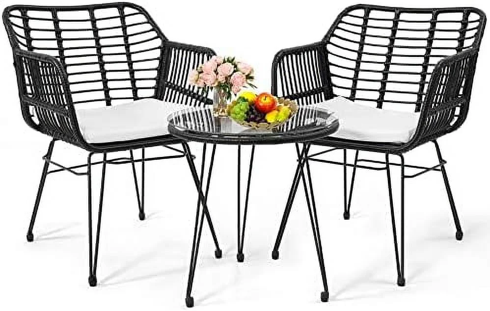 CHTYVC 3 Piece Wicker Patio Bistro  Set  Includes 2 Chairs and Glass Top Table  Ideal for Porch  Outdoor  Backyard  Apartment  Balcony Natural Color