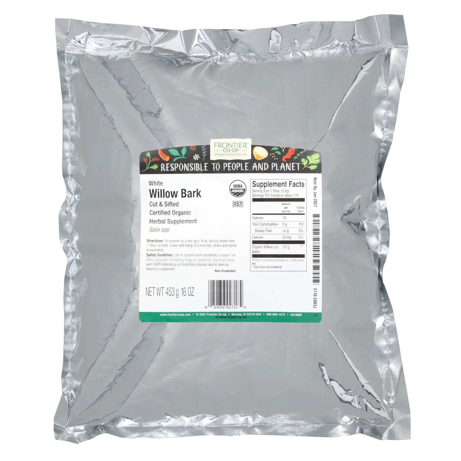 White Willow Bark Cut & Sifted Organic - 1 lb,(Frontier)