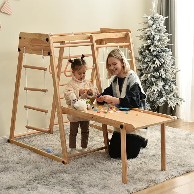 Indoor Playground 8-in-1Jungle Gym Baby Climbing Toys with Slide and Play Table, Wooden Toddlers Climber Playset with Rope Wall, Climbing Ladder, Swing Rings and Monkey Bars