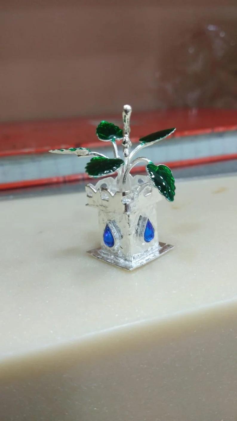 GoldGiftIdeas Pure Silver Tulsi Plant for Pooja Room, Silver Tulsi Kyara for Home, Pure Silver Tulsi Pot for Gift, Housewarming Return Gifts (Pack of 5)