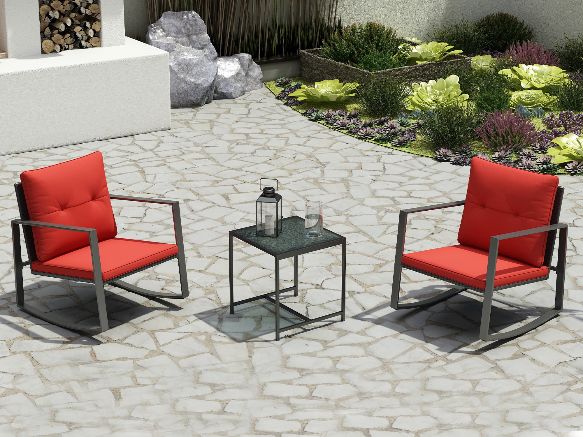 Cherry 3-Piece Bistro Outdoor Furniture Set - A Classic Glass Coffee Table With 2 Sturdy Metal Chairs - Red