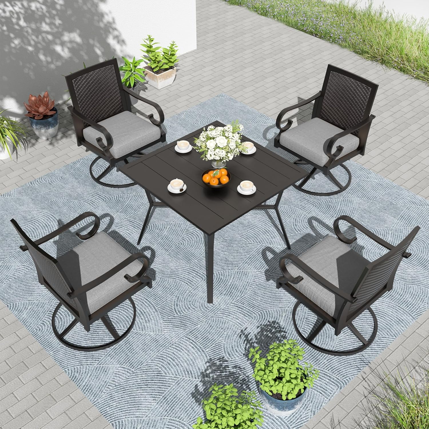 ALAULM 5 Pieces Outdoor Dining Set Patio Dining Table and Chairs Set Outdoor Furniture Set with 1 Square Metal Dining Table with Umbrella Hole，4 Wicker Swivel Patio Chairs with Grey Cushions