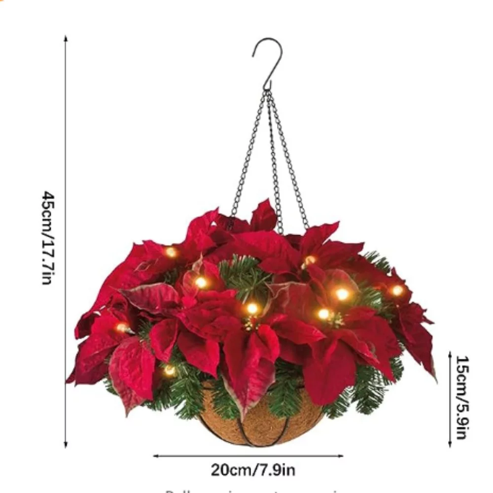 2pcs Artificial Christmas Hanging Basket, Artificial Poinsettia Hanging Basket Christmas Decoration Pendant with LED Lights, Fake Floral Arrangement Ornaments Xmas Holiday Favor
