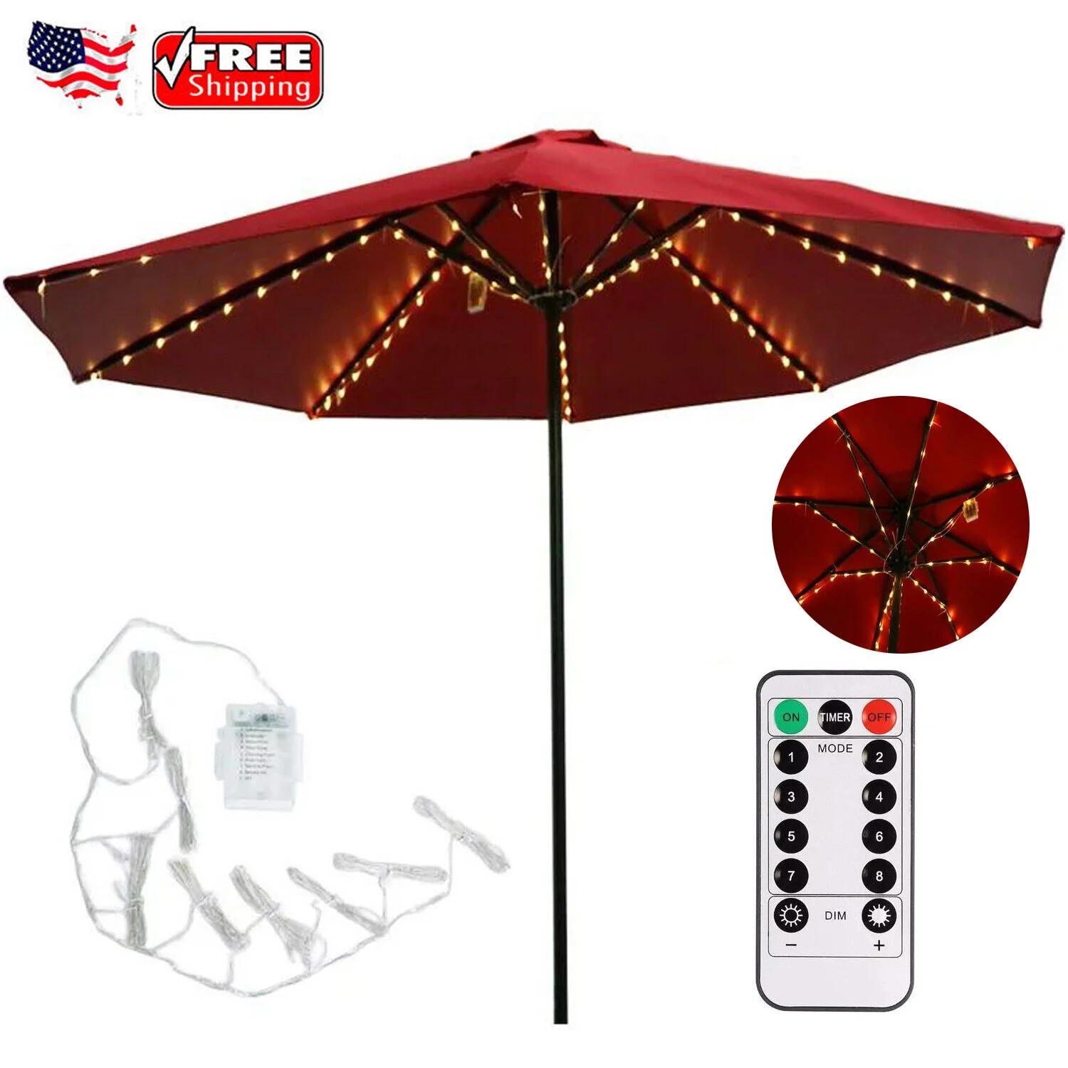Patio Umbrella Lights Outdoor Strings Lights 104 LEDs 8 Lighting Modes Remote