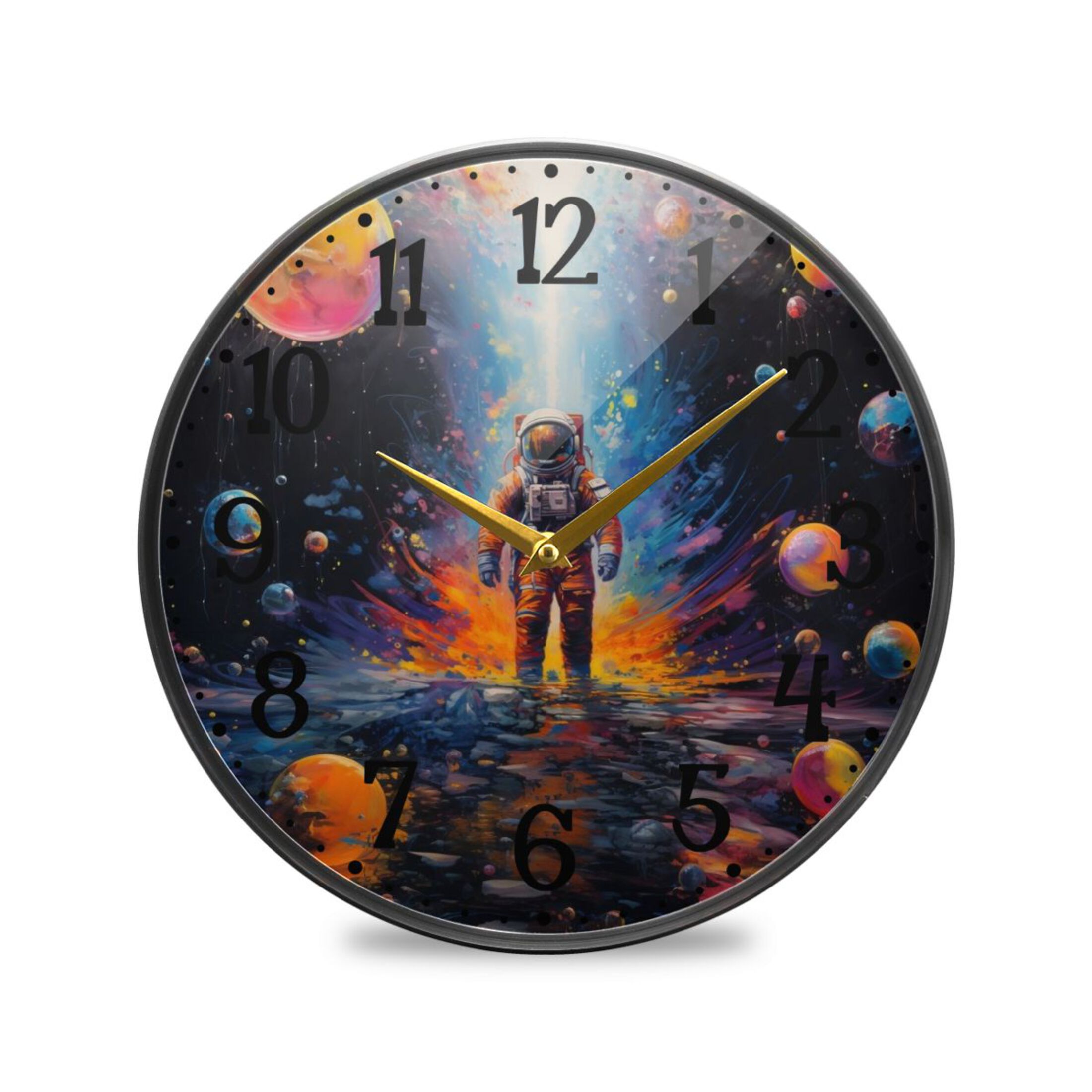 Astronaut on Water and Bubbles Round Wall Clock 12 Inch Non-Ticking Silent Battery Operated Clock for Home Kitchen Office School Decor