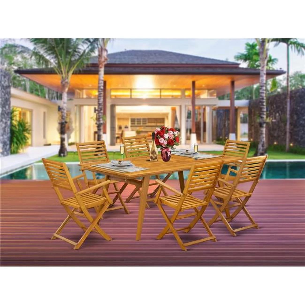 East West Furniture Denison 7-piece Wood Patio Set in Natural Oil