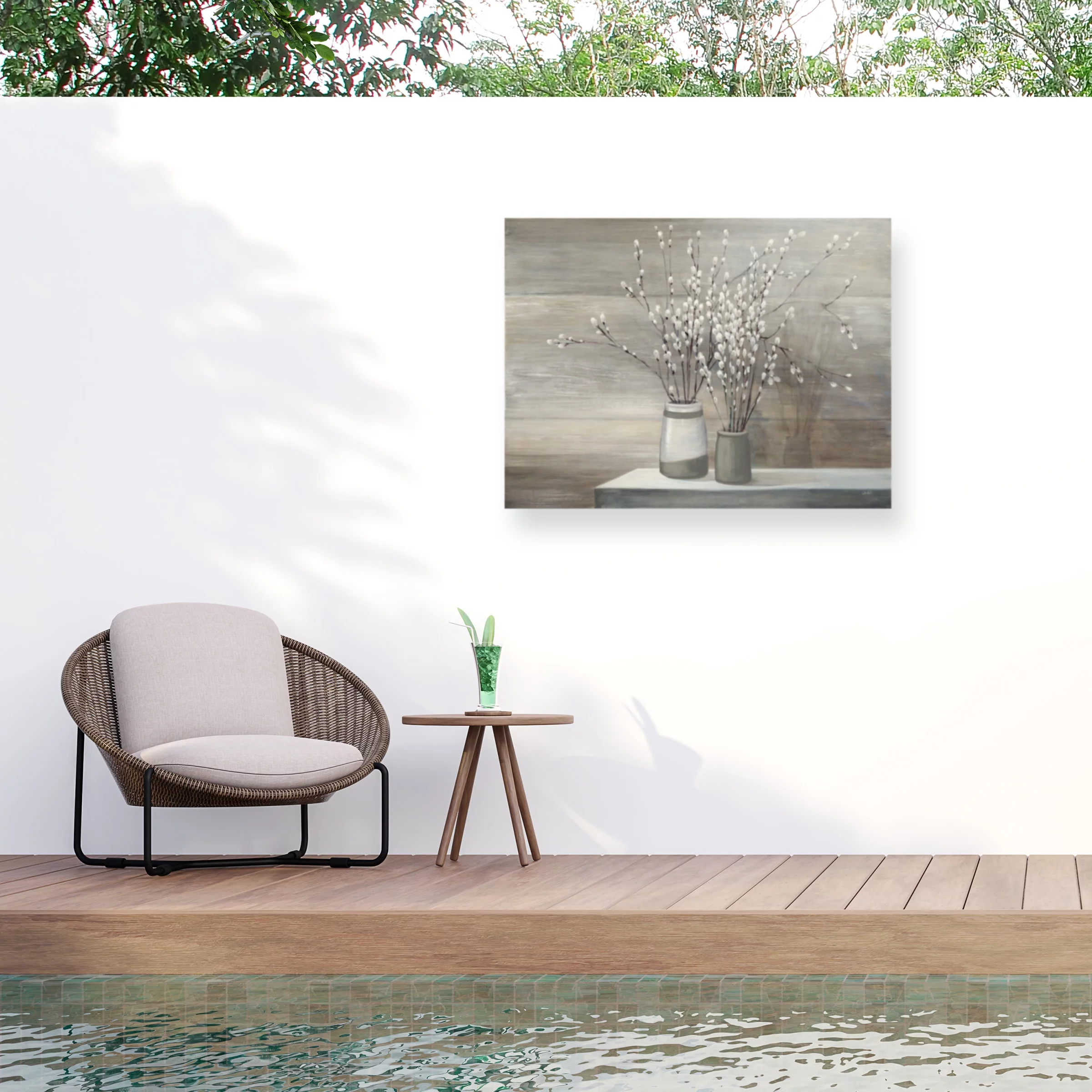 Julia Purinton 'Pussy Willow Still Life Gray Pots' Outdoor Canvas