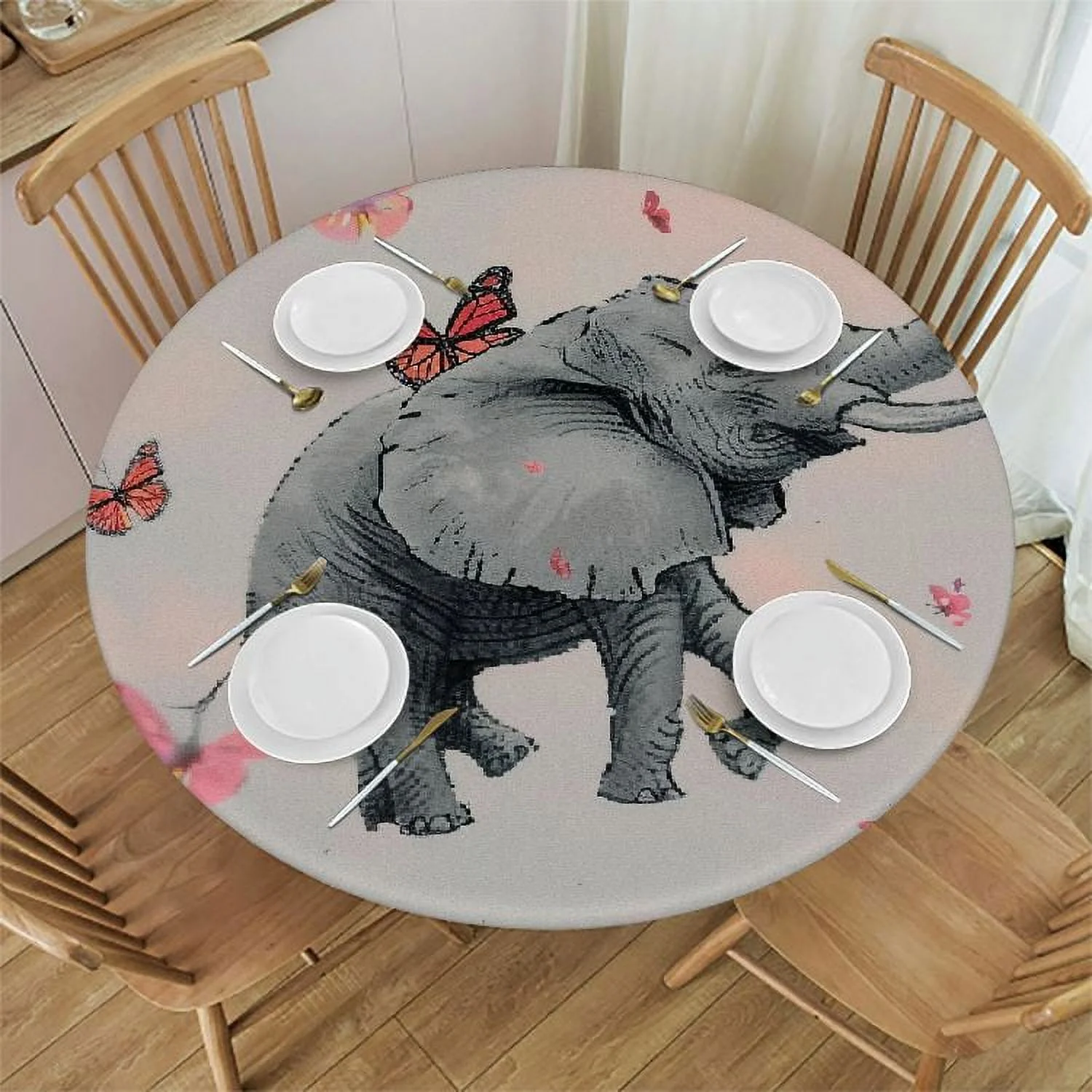 Plo0ole  Cute Elephant Butterfly Round Fitted Tablecloth Elastic Edge Waterproof Oil-Proof Table Cover Stain-Resistant Table Cloth Fits Round Tables  White