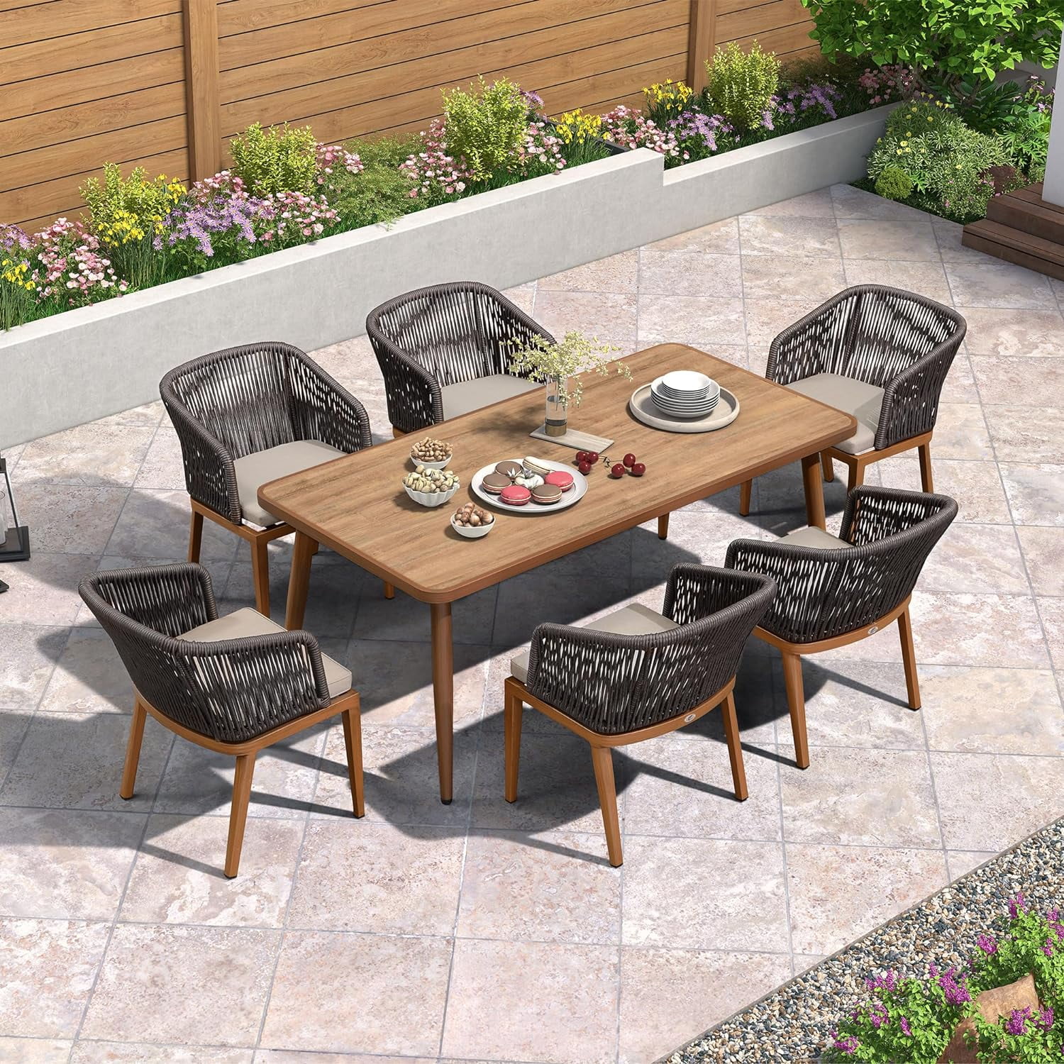 PURPLE LEAF 7 Pieces Patio Dining Set All-Weather Outdoor Metal Aluminum Rattan Furniture Set Teak Dining Table and Wicker Chairs with Cushions for Lawn Backyard Garden Deck, Brown-armchair